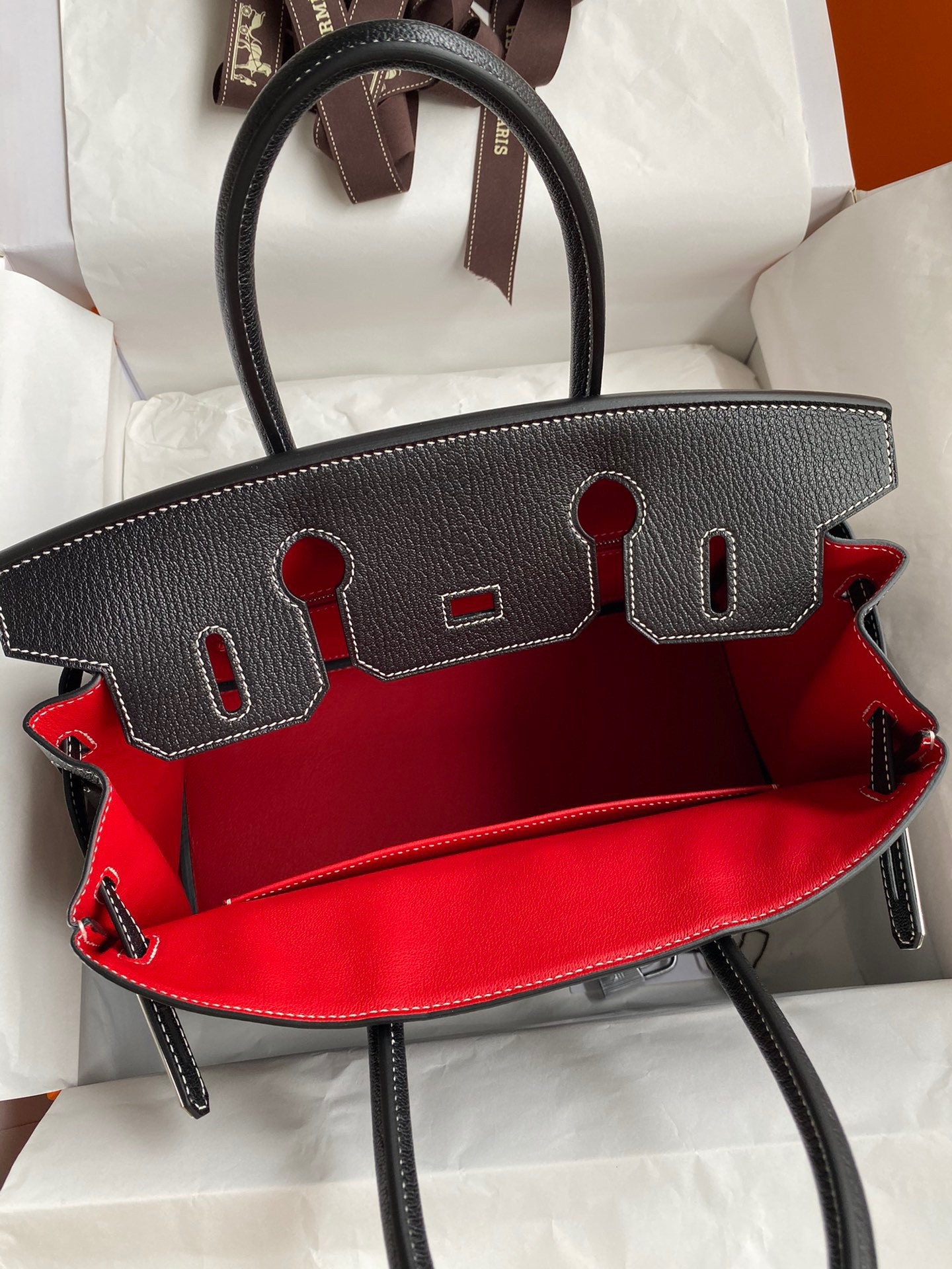 H**mes hss birkin 30 bicolor bag in black and red chevre mysore leather