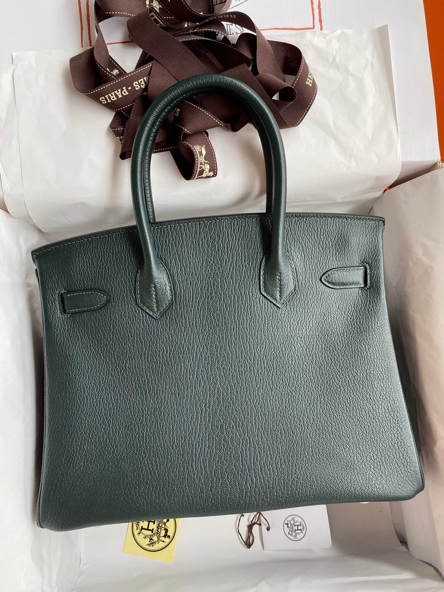 H**mes birkin 30 retourne handmade bag in vert cypres chevre mysore leather