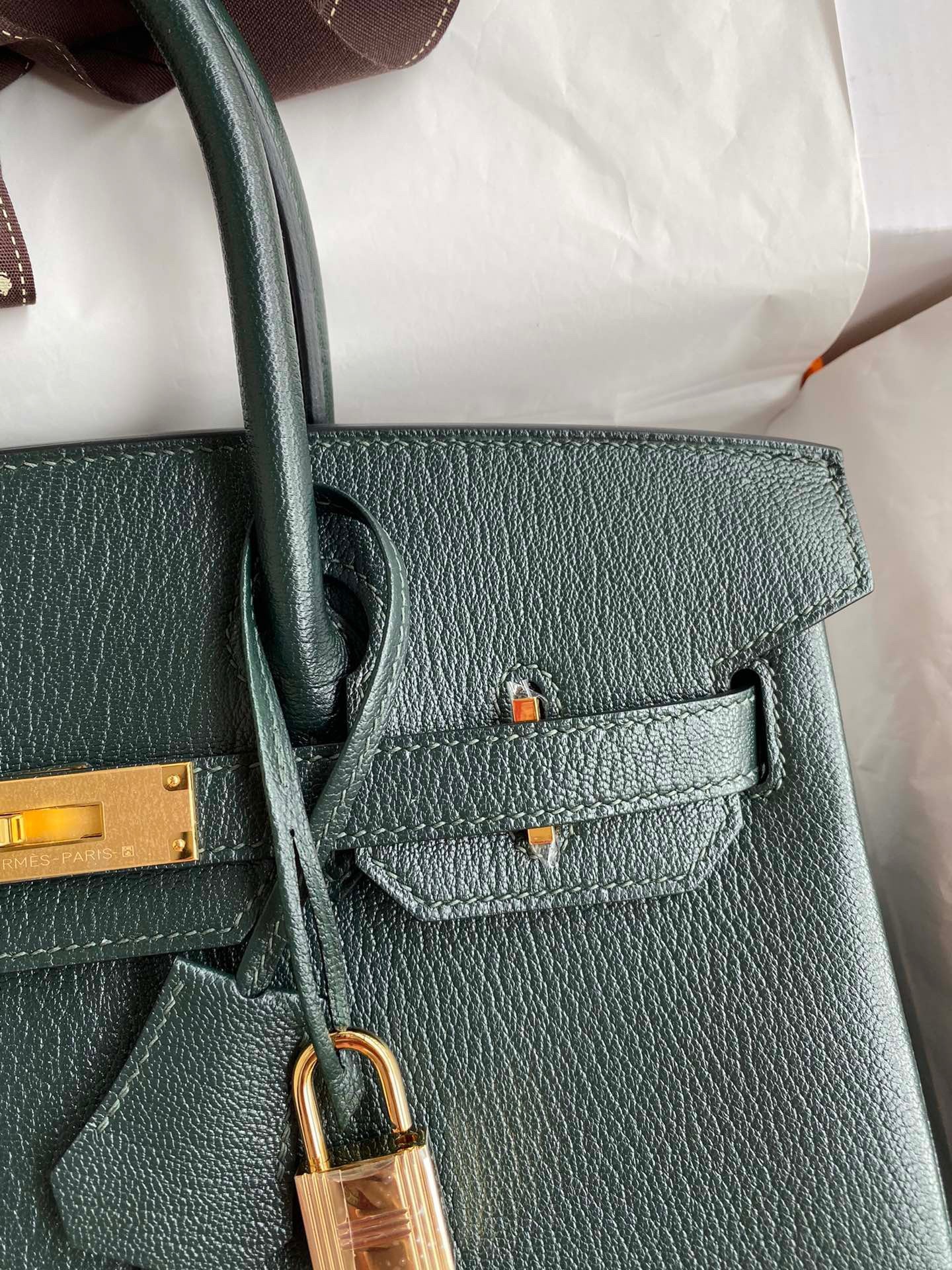 H**mes birkin 30 retourne handmade bag in vert cypres chevre mysore leather