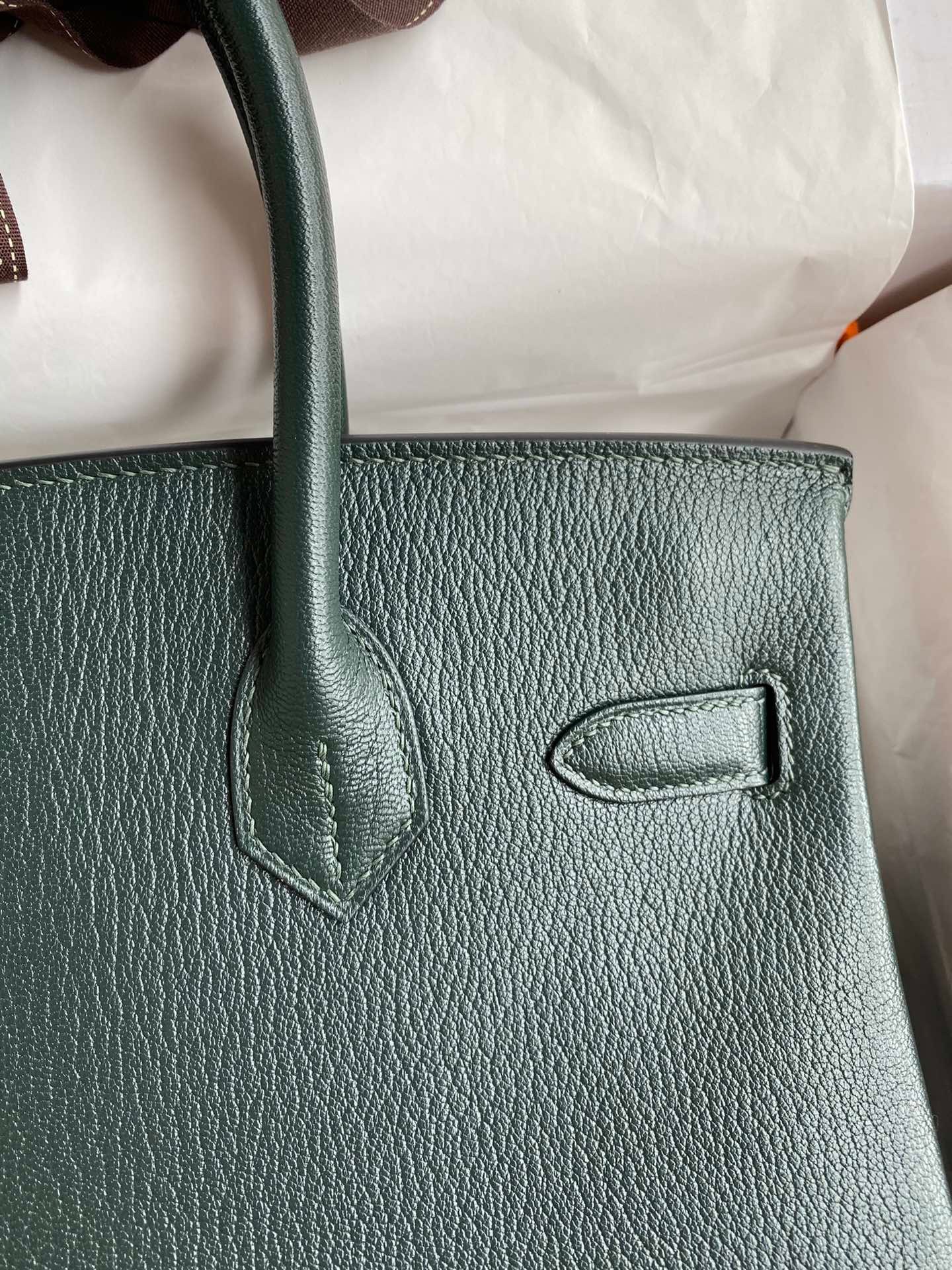 H**mes birkin 30 retourne handmade bag in vert cypres chevre mysore leather