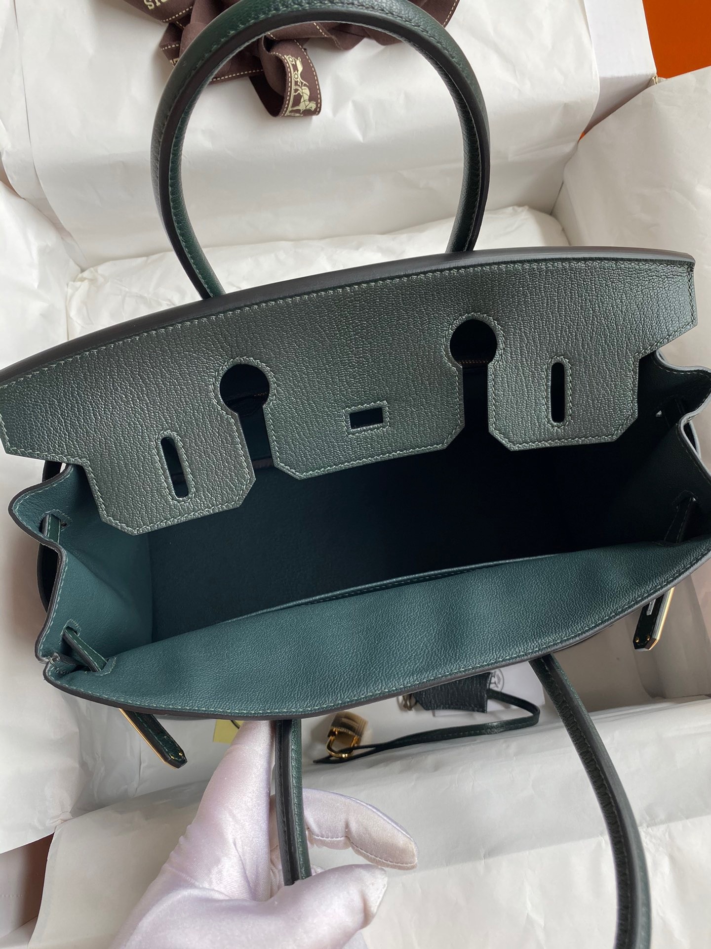 H**mes birkin 30 retourne handmade bag in vert cypres chevre mysore leather