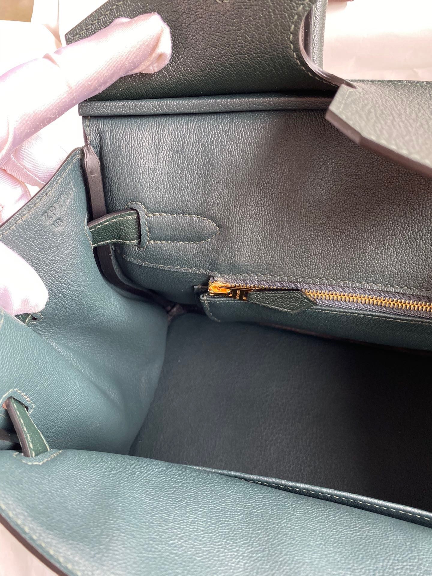H**mes birkin 30 retourne handmade bag in vert cypres chevre mysore leather