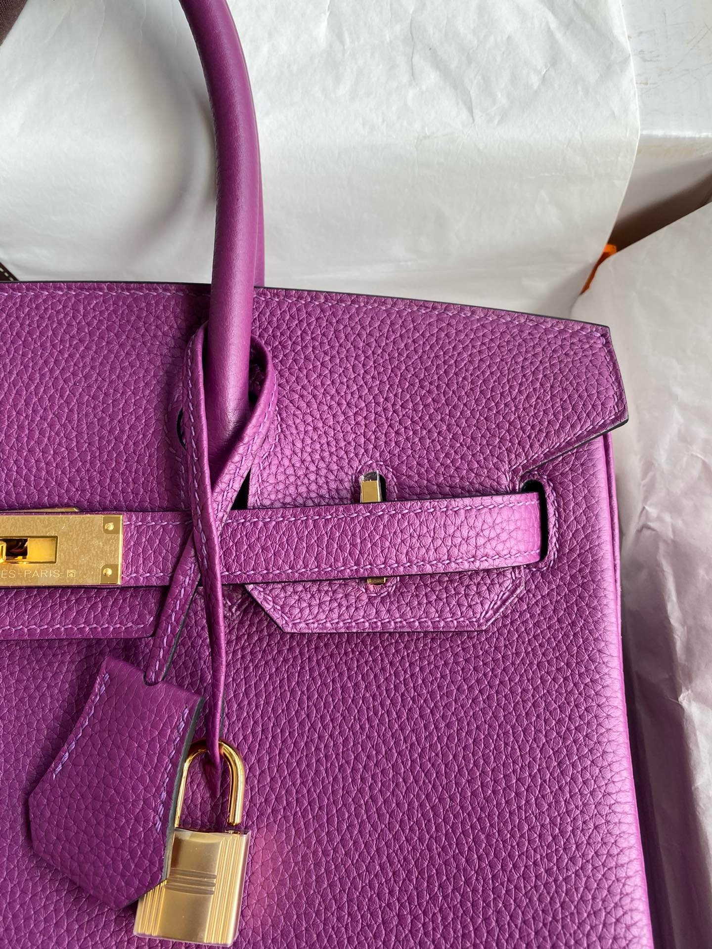 H**mes birkin 30 retourne handmade bag in anemone clemence leather