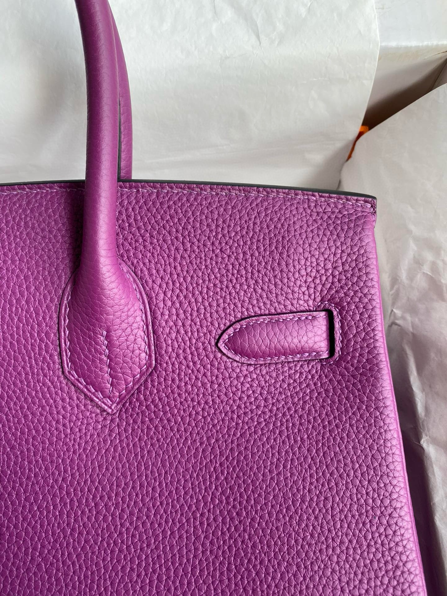 H**mes birkin 30 retourne handmade bag in anemone clemence leather