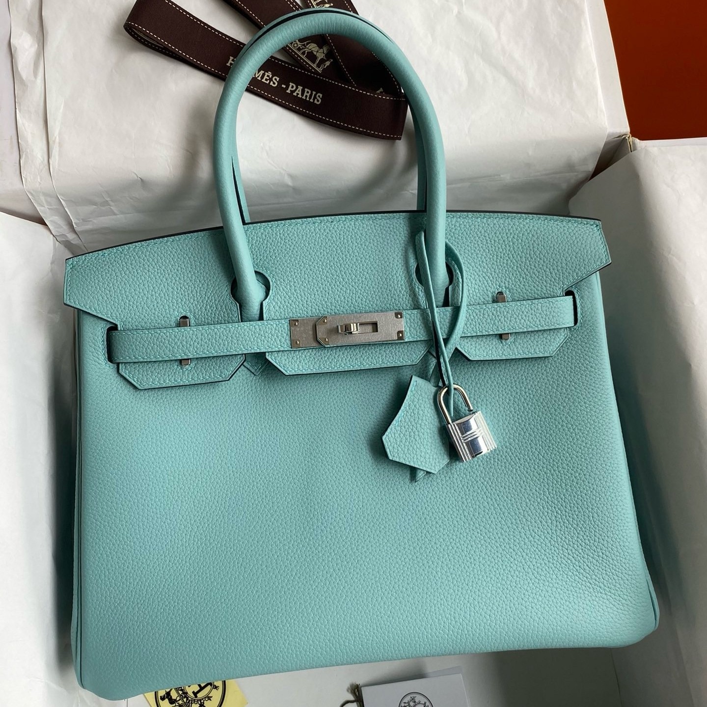 H**mes birkin 30 retourne handmade bag in blue atoll clemence leather