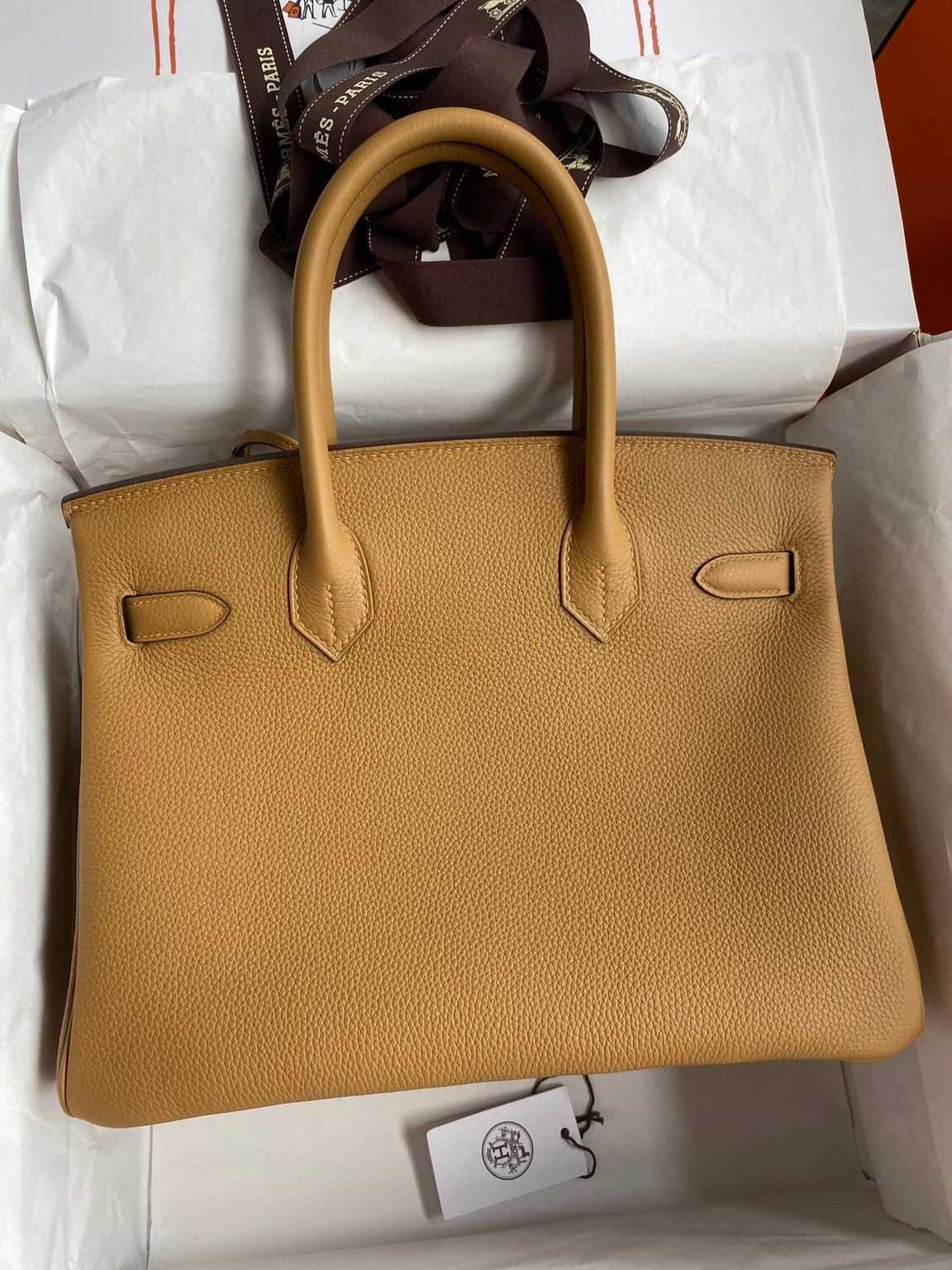 H**mes birkin 30 retourne handmade bag in biscuit clemence leather
