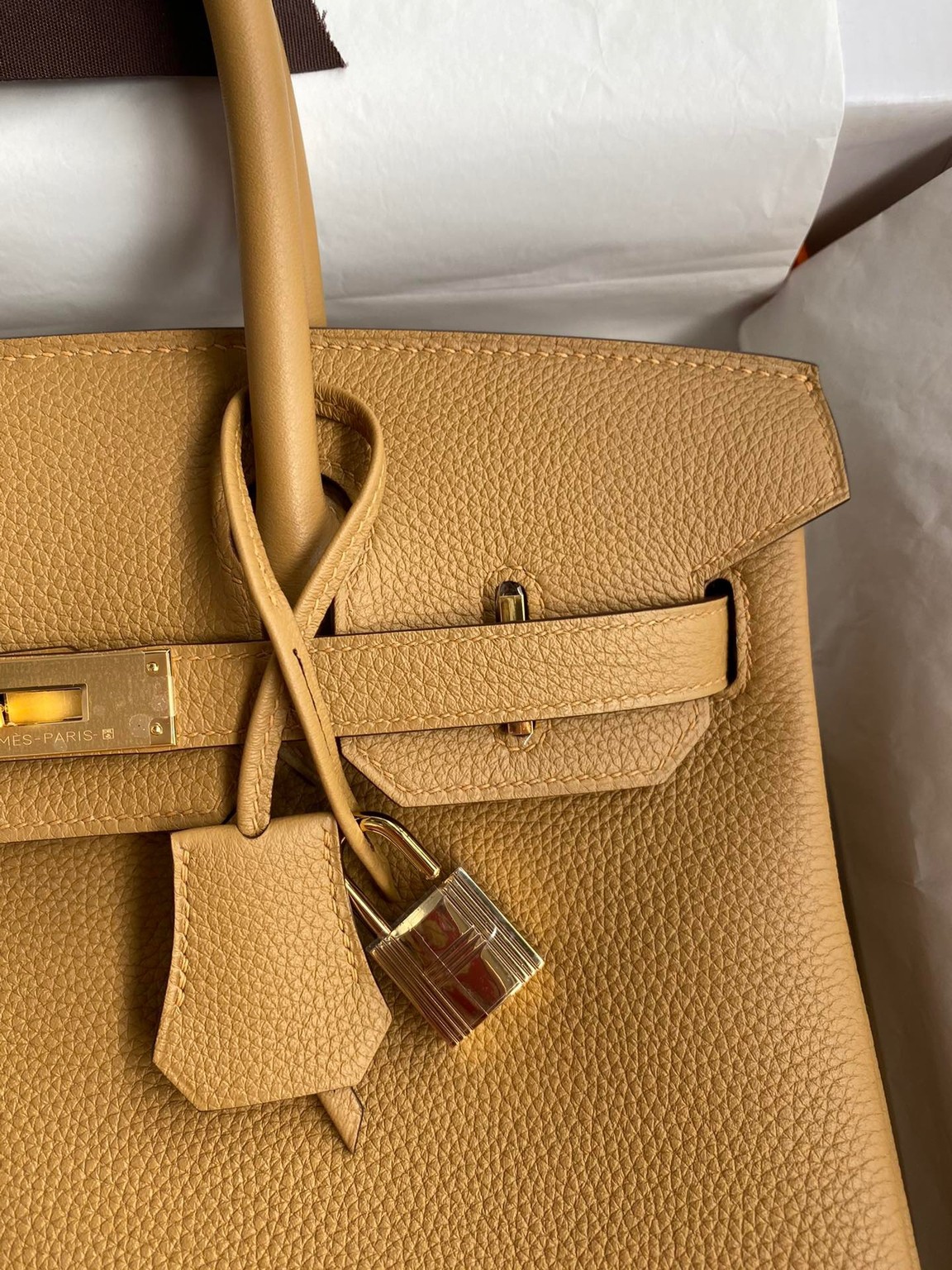 H**mes birkin 30 retourne handmade bag in biscuit clemence leather