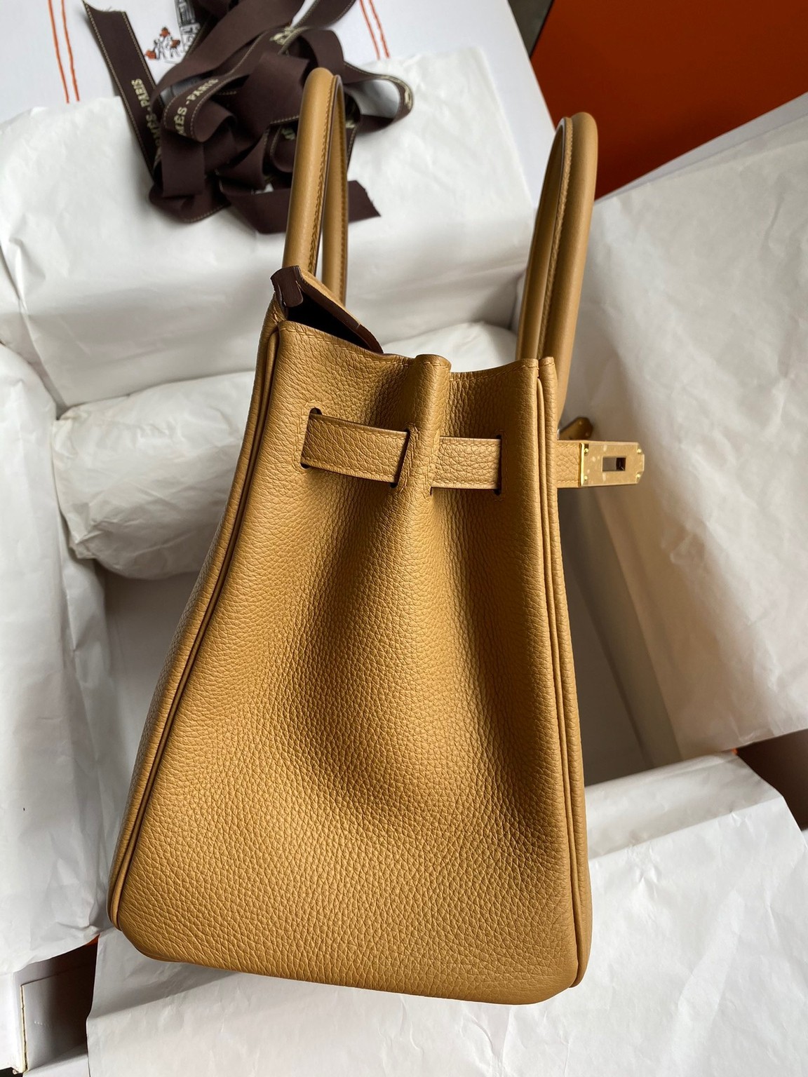 H**mes birkin 30 retourne handmade bag in biscuit clemence leather