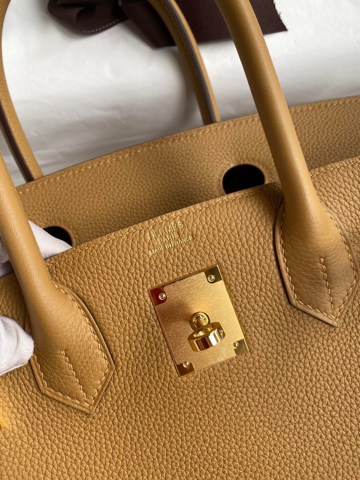 H**mes birkin 30 retourne handmade bag in biscuit clemence leather