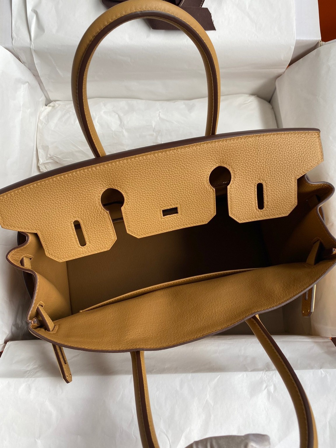 H**mes birkin 30 retourne handmade bag in biscuit clemence leather