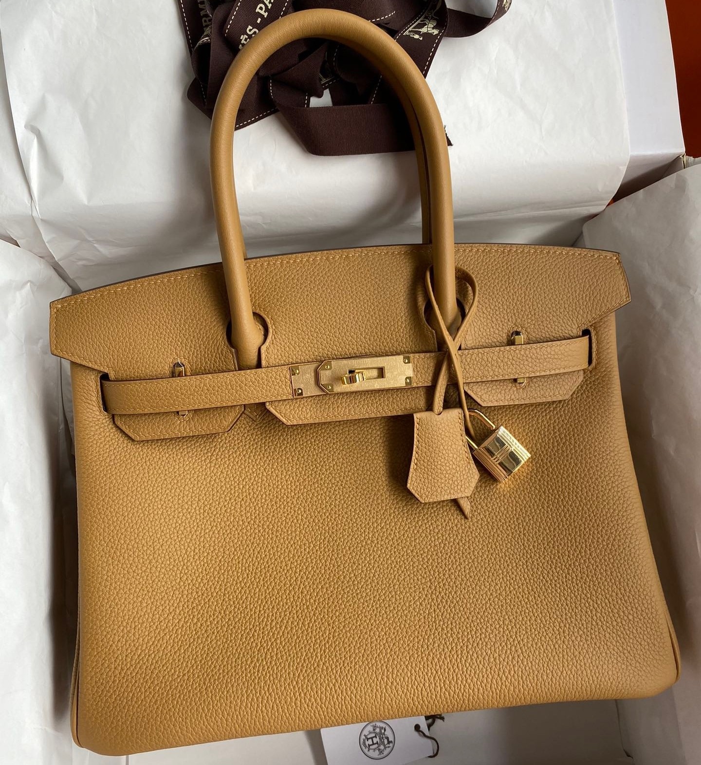 H**mes birkin 30 retourne handmade bag in biscuit clemence leather