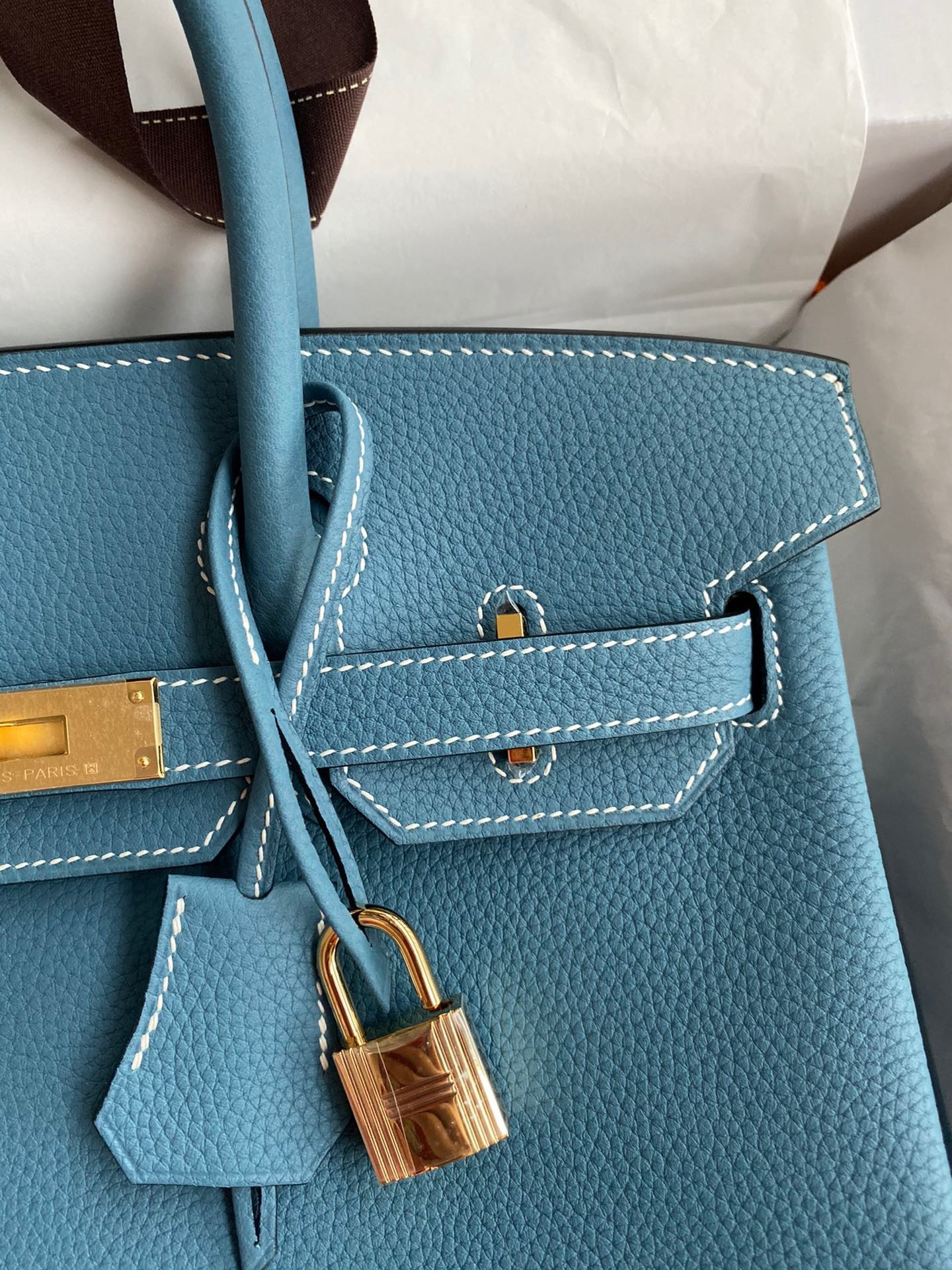 H**mes birkin 30 retourne handmade bag in blue jean clemence leather