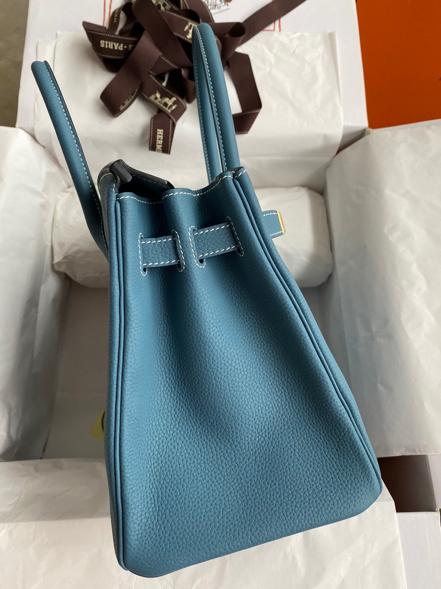 H**mes birkin 30 retourne handmade bag in blue jean clemence leather