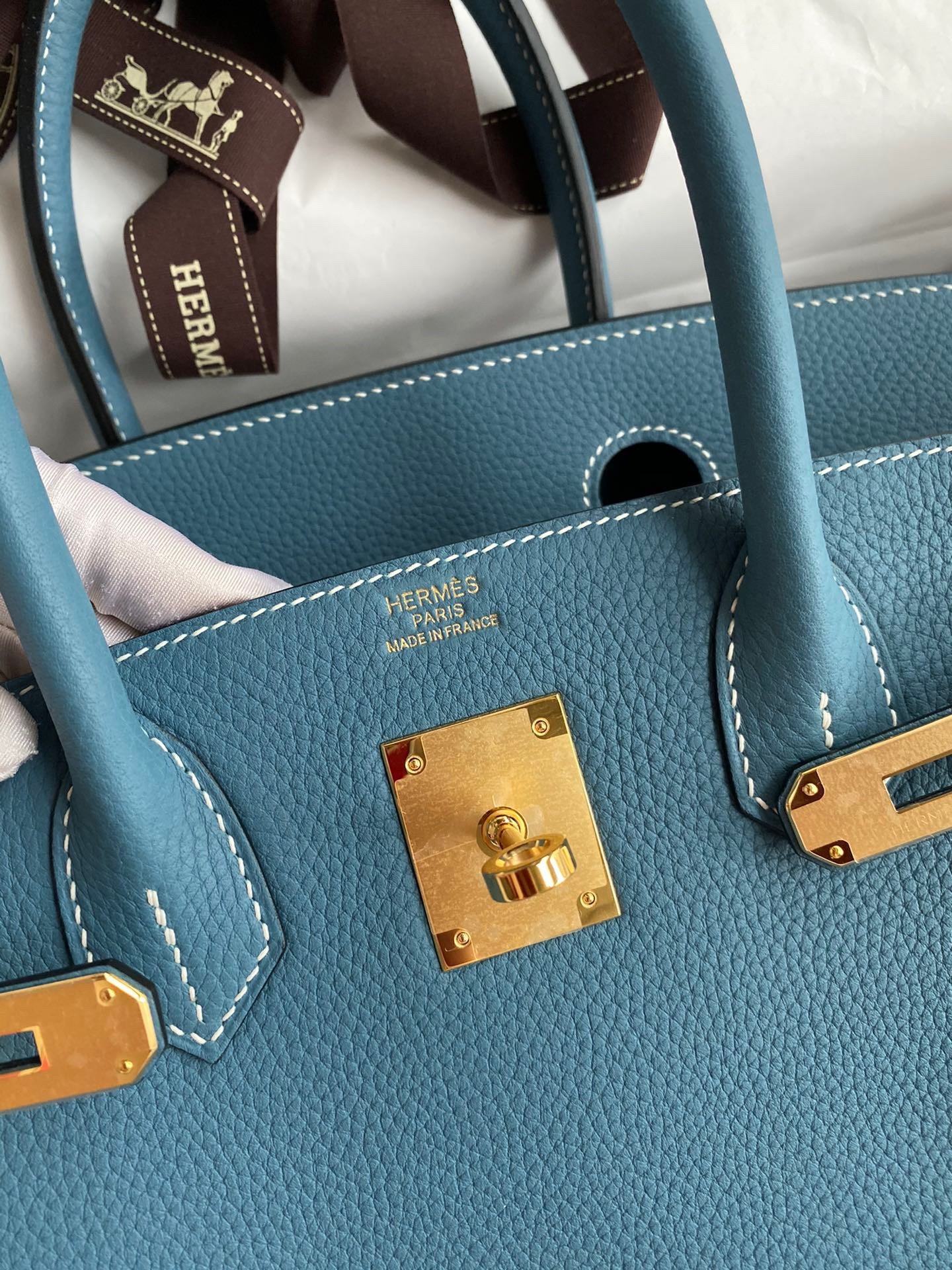 H**mes birkin 30 retourne handmade bag in blue jean clemence leather