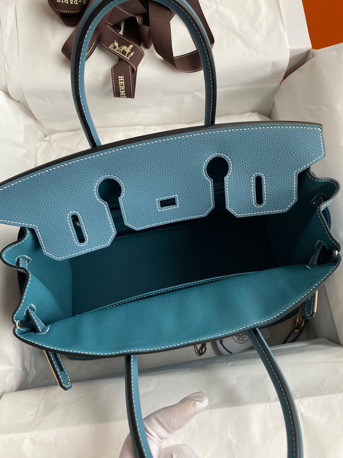 H**mes birkin 30 retourne handmade bag in blue jean clemence leather