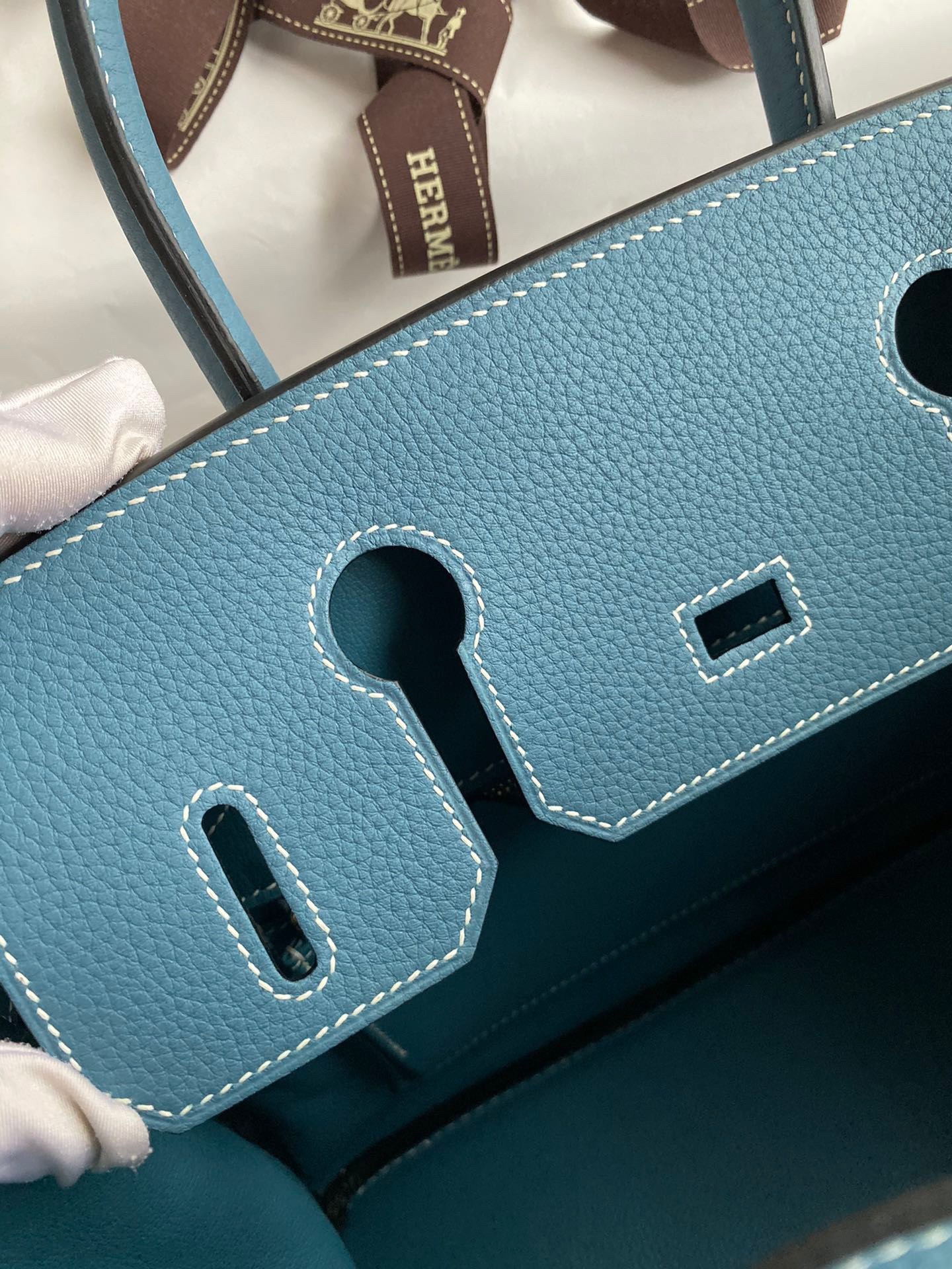 H**mes birkin 30 retourne handmade bag in blue jean clemence leather