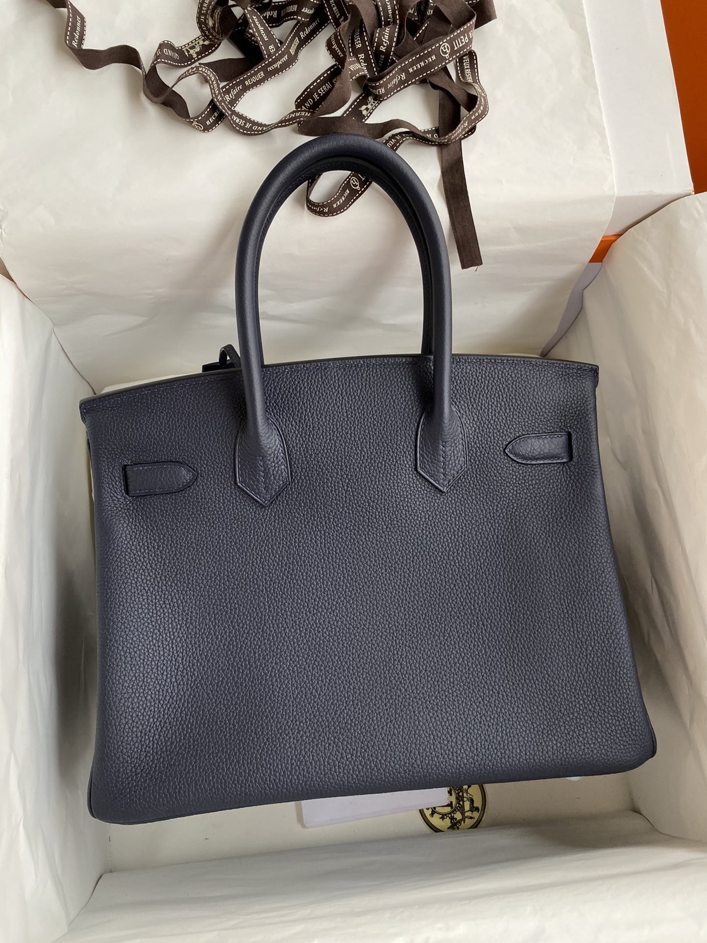 H**mes birkin 30 retourne handmade bag in blue nuit clemence leather