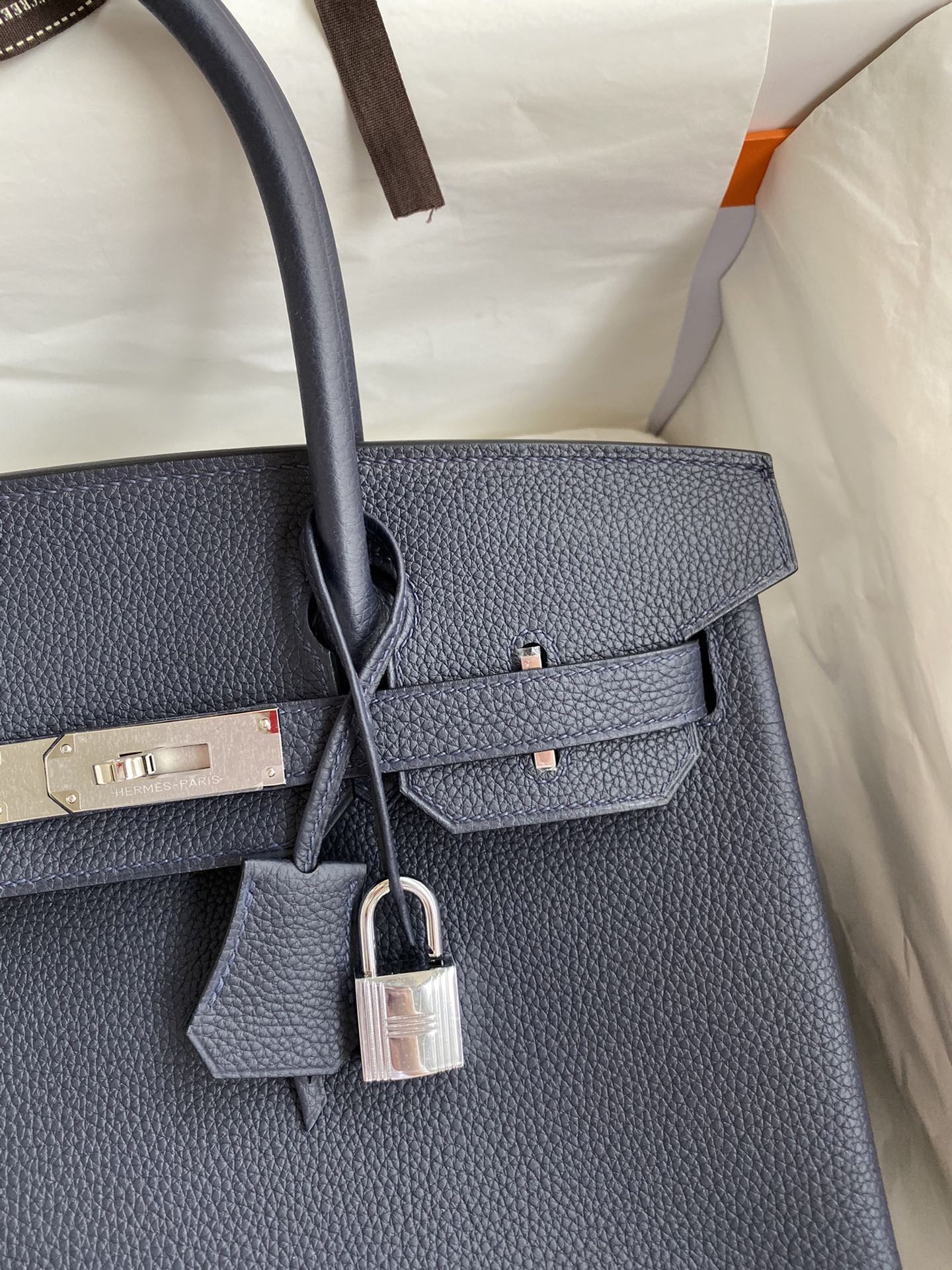 H**mes birkin 30 retourne handmade bag in blue nuit clemence leather