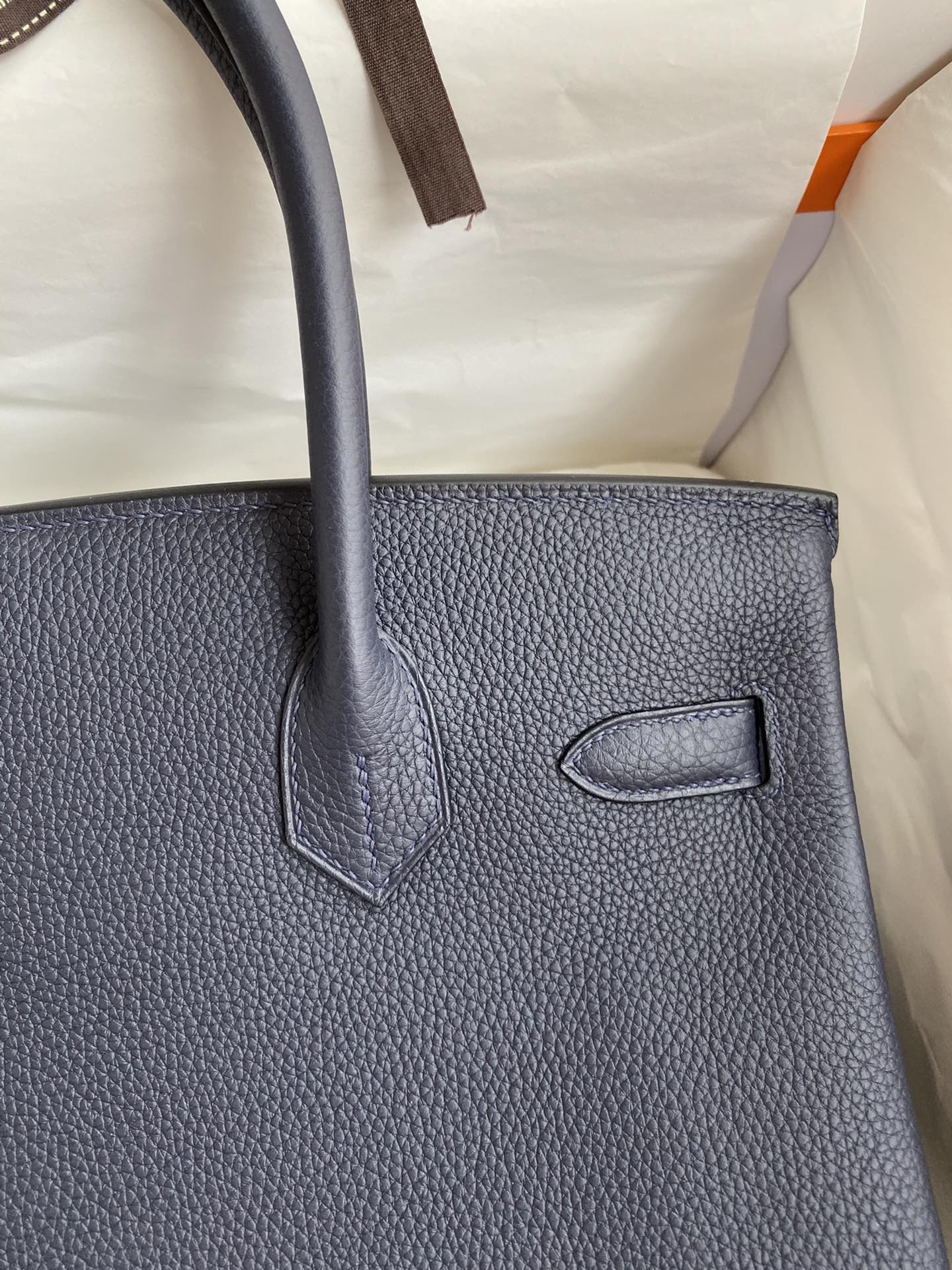 H**mes birkin 30 retourne handmade bag in blue nuit clemence leather