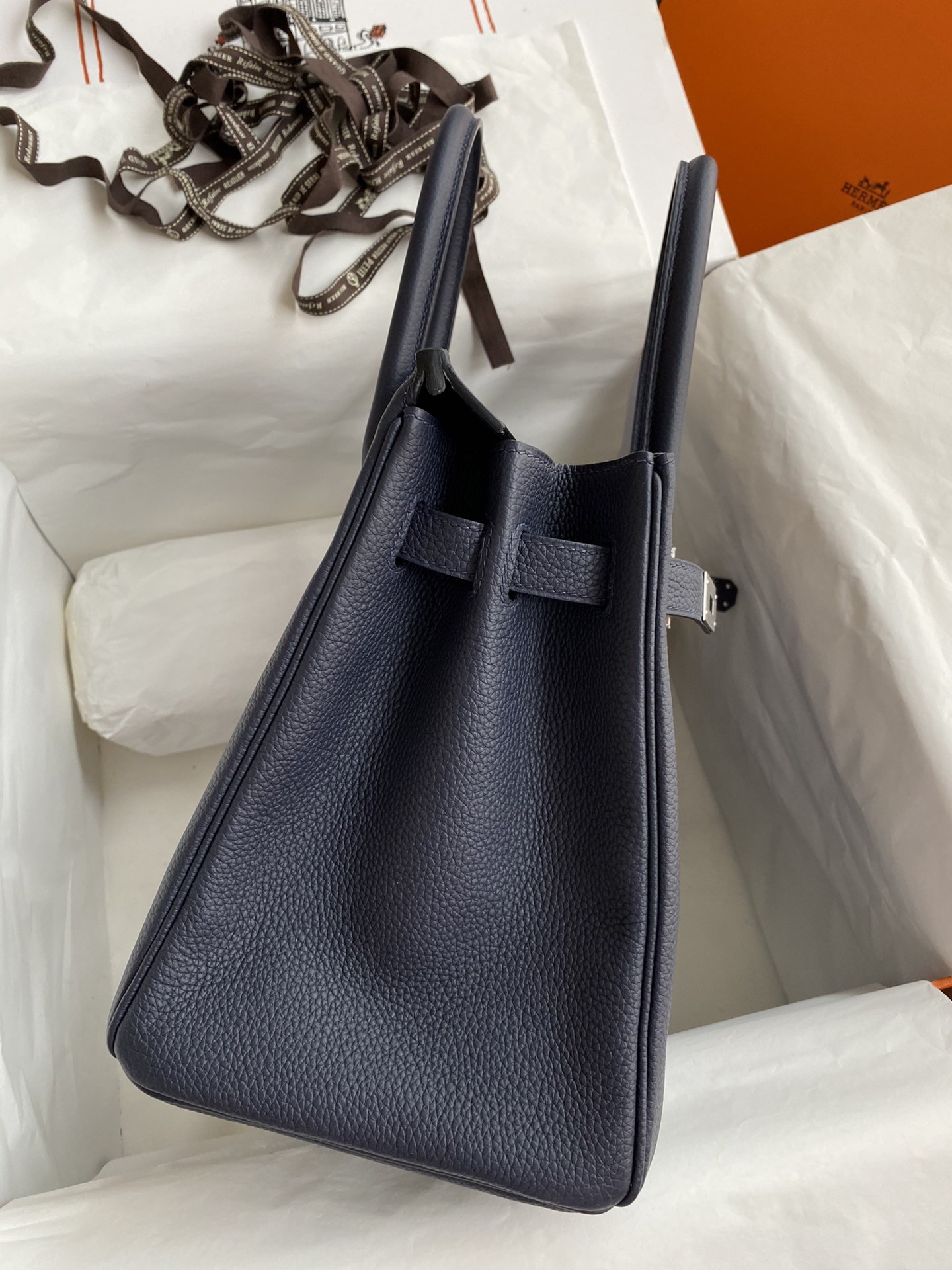 H**mes birkin 30 retourne handmade bag in blue nuit clemence leather
