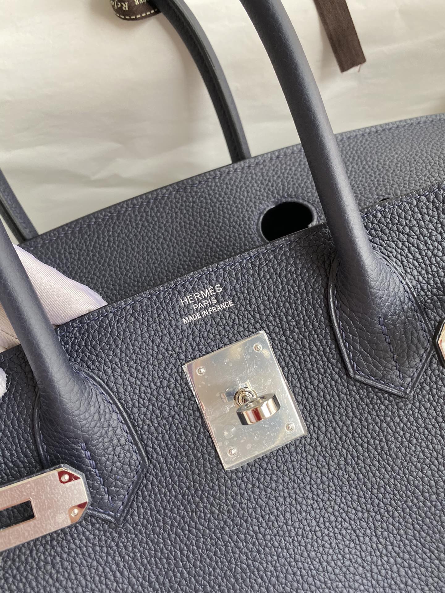 H**mes birkin 30 retourne handmade bag in blue nuit clemence leather