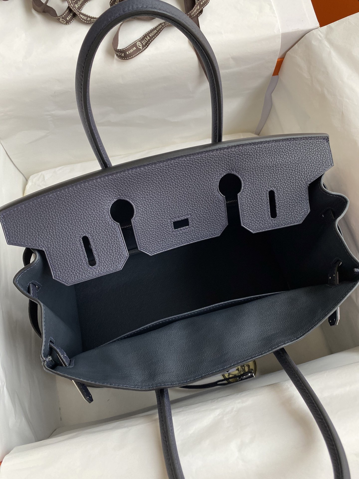 H**mes birkin 30 retourne handmade bag in blue nuit clemence leather