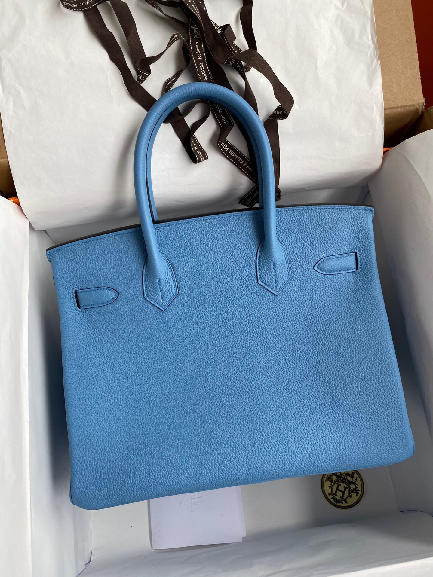H**mes birkin 30 retourne handmade bag in blue paradise clemence leather