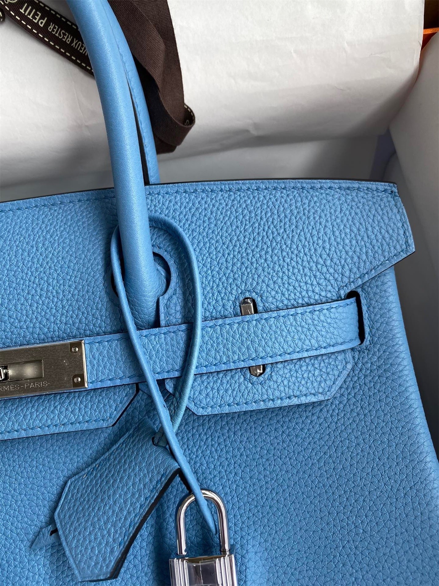 H**mes birkin 30 retourne handmade bag in blue paradise clemence leather