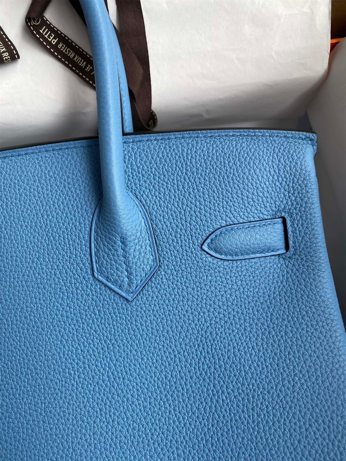 H**mes birkin 30 retourne handmade bag in blue paradise clemence leather