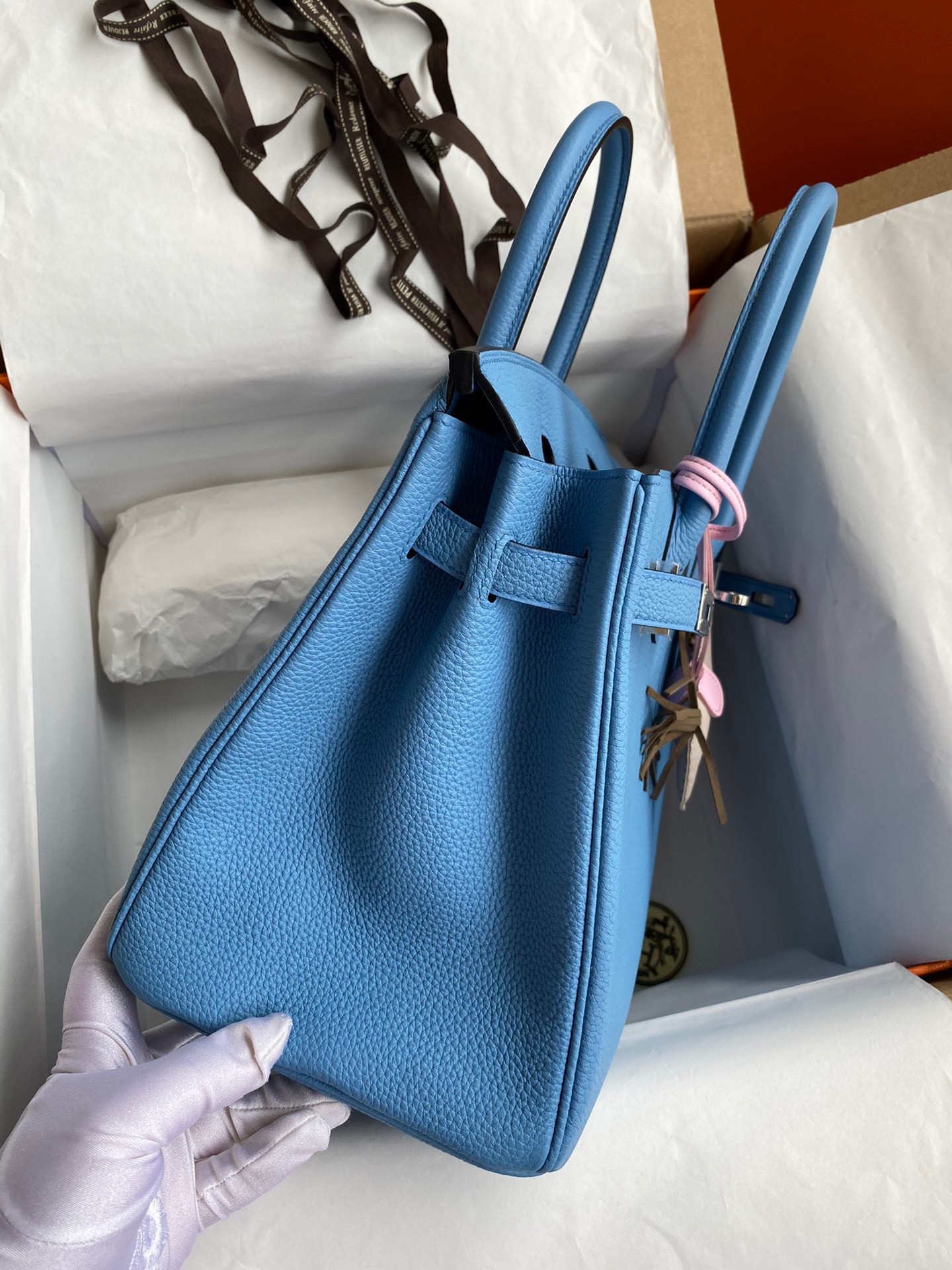 H**mes birkin 30 retourne handmade bag in blue paradise clemence leather