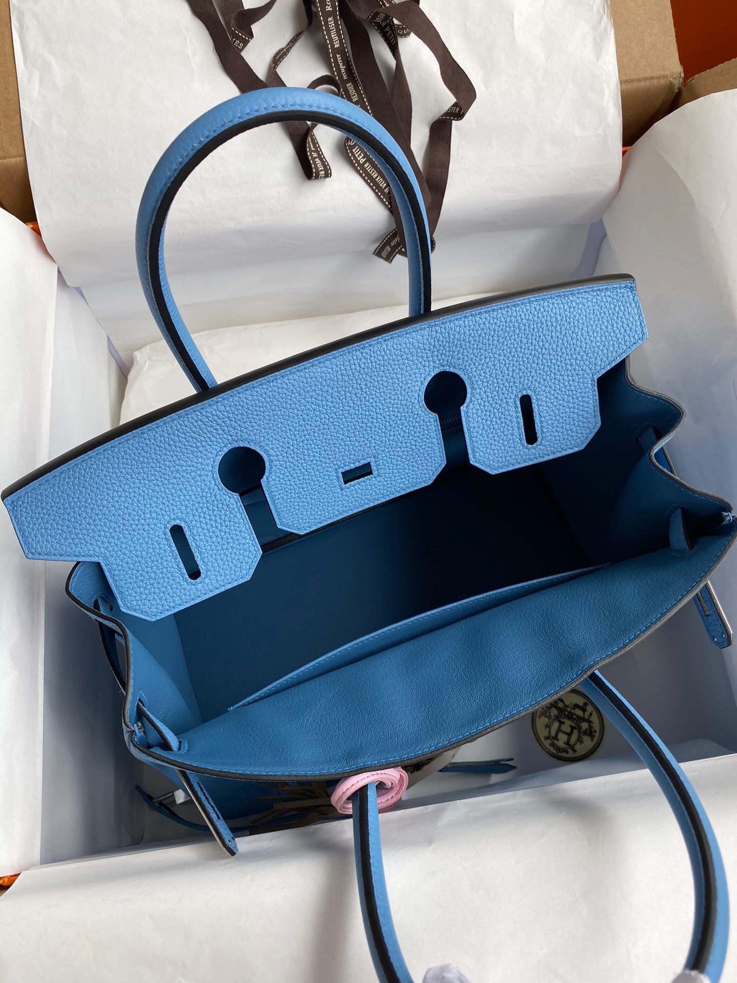 H**mes birkin 30 retourne handmade bag in blue paradise clemence leather