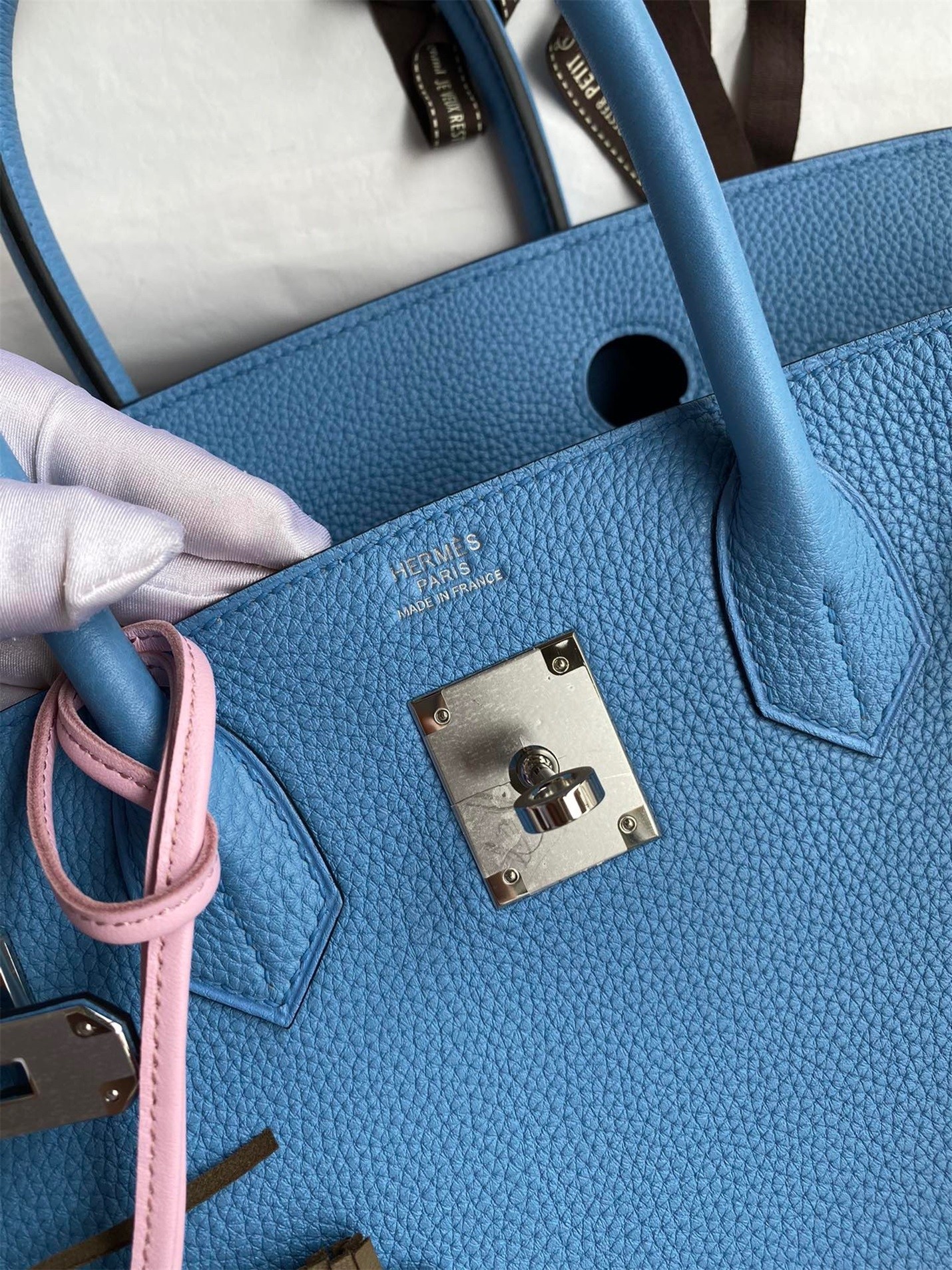H**mes birkin 30 retourne handmade bag in blue paradise clemence leather