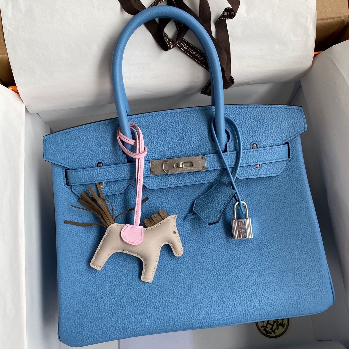 H**mes birkin 30 retourne handmade bag in blue paradise clemence leather