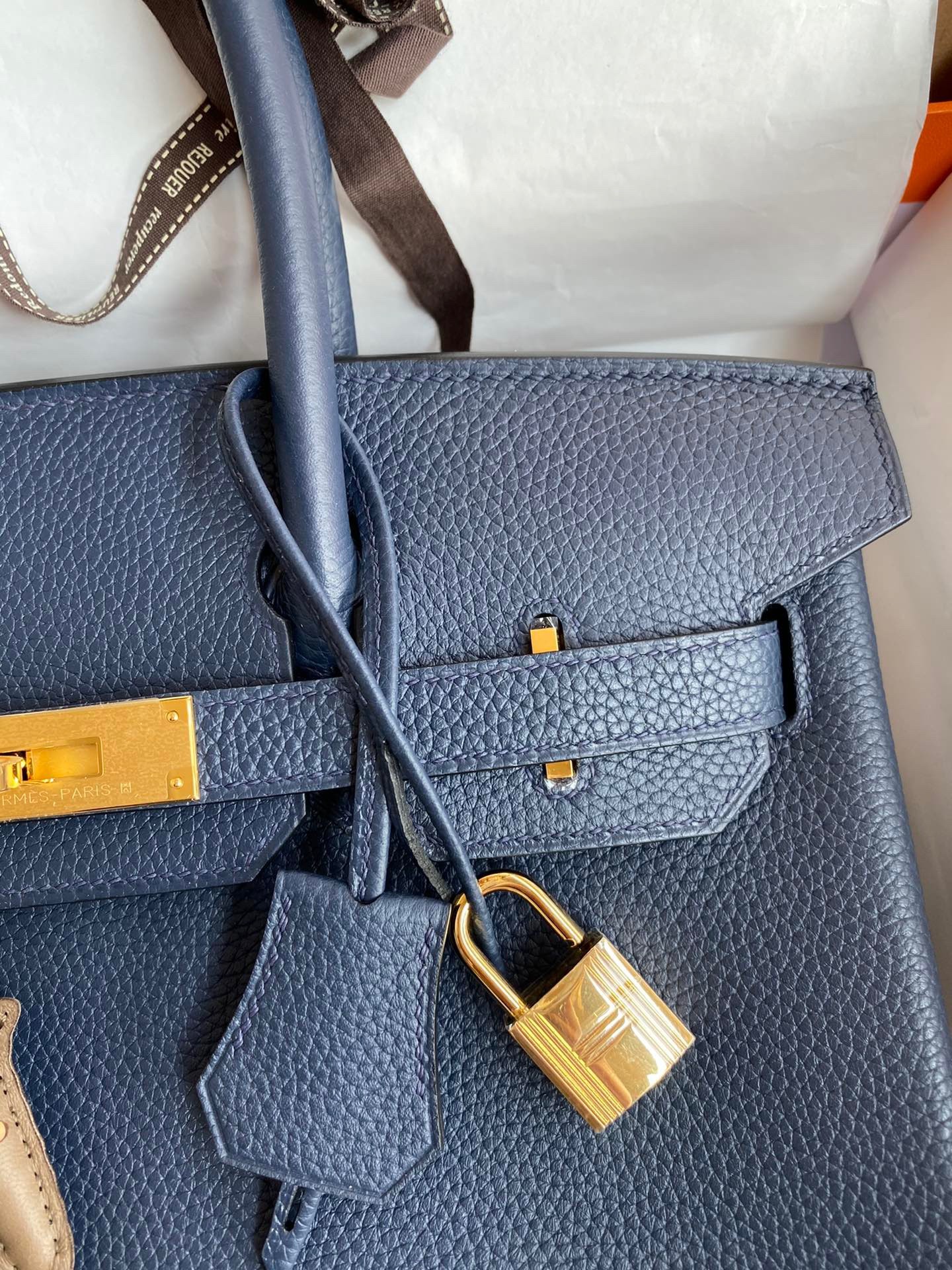 H**mes birkin 30 retourne handmade bag in blue saphir clemence leather