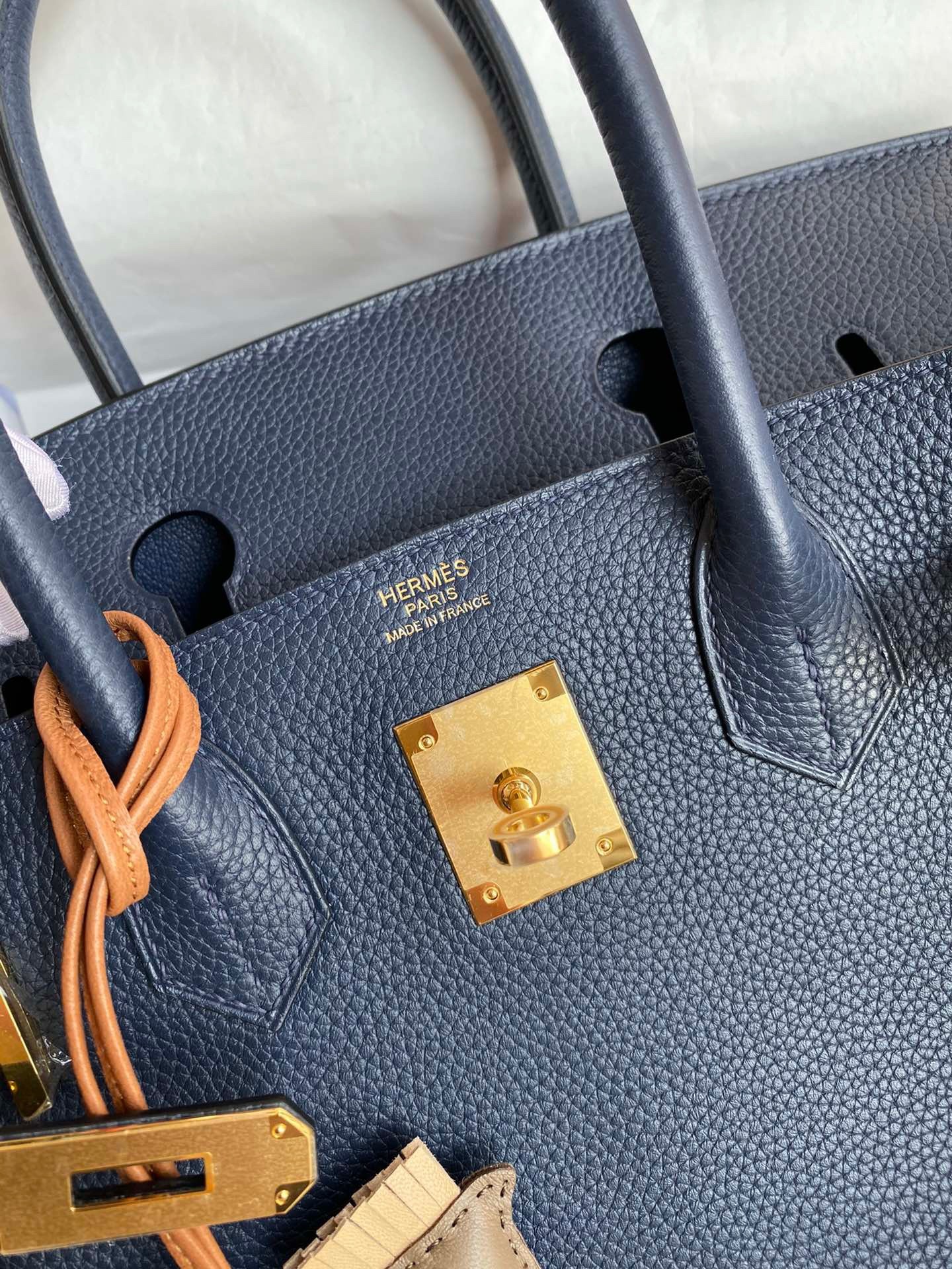 H**mes birkin 30 retourne handmade bag in blue saphir clemence leather