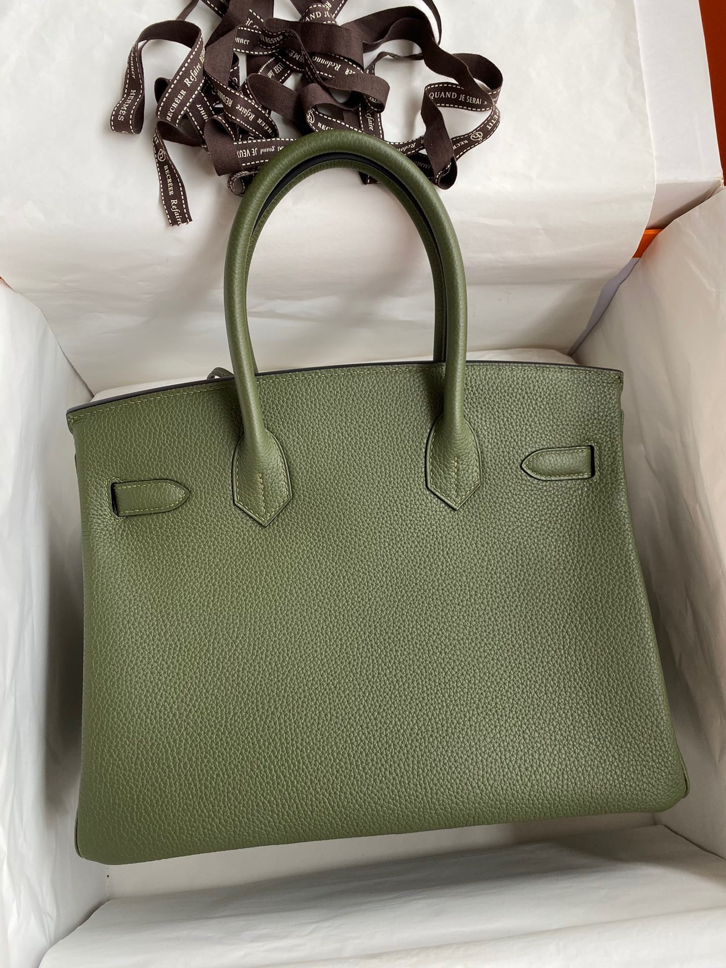 H**mes birkin 30 retourne handmade bag in green clemence leather