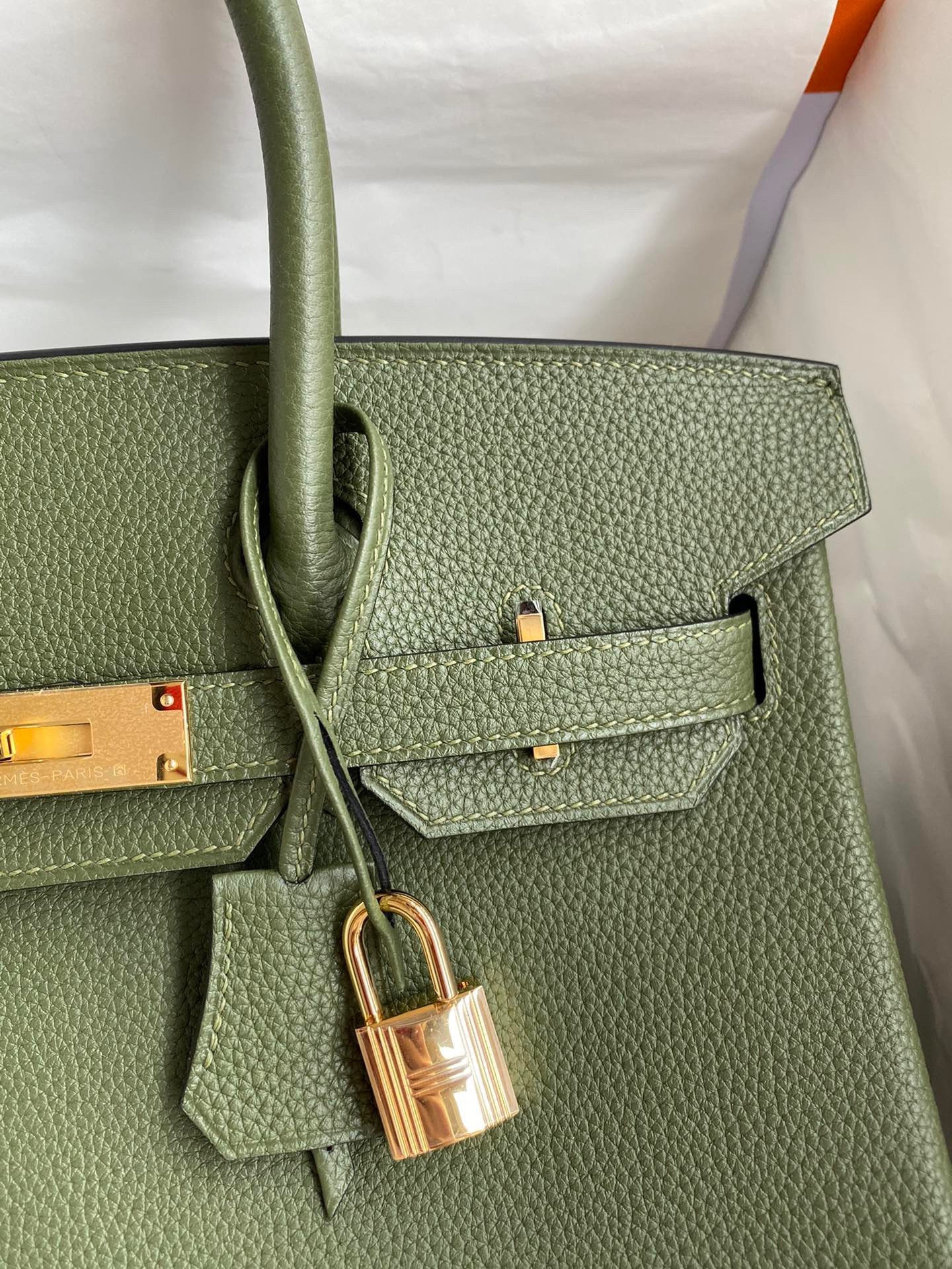 H**mes birkin 30 retourne handmade bag in green clemence leather