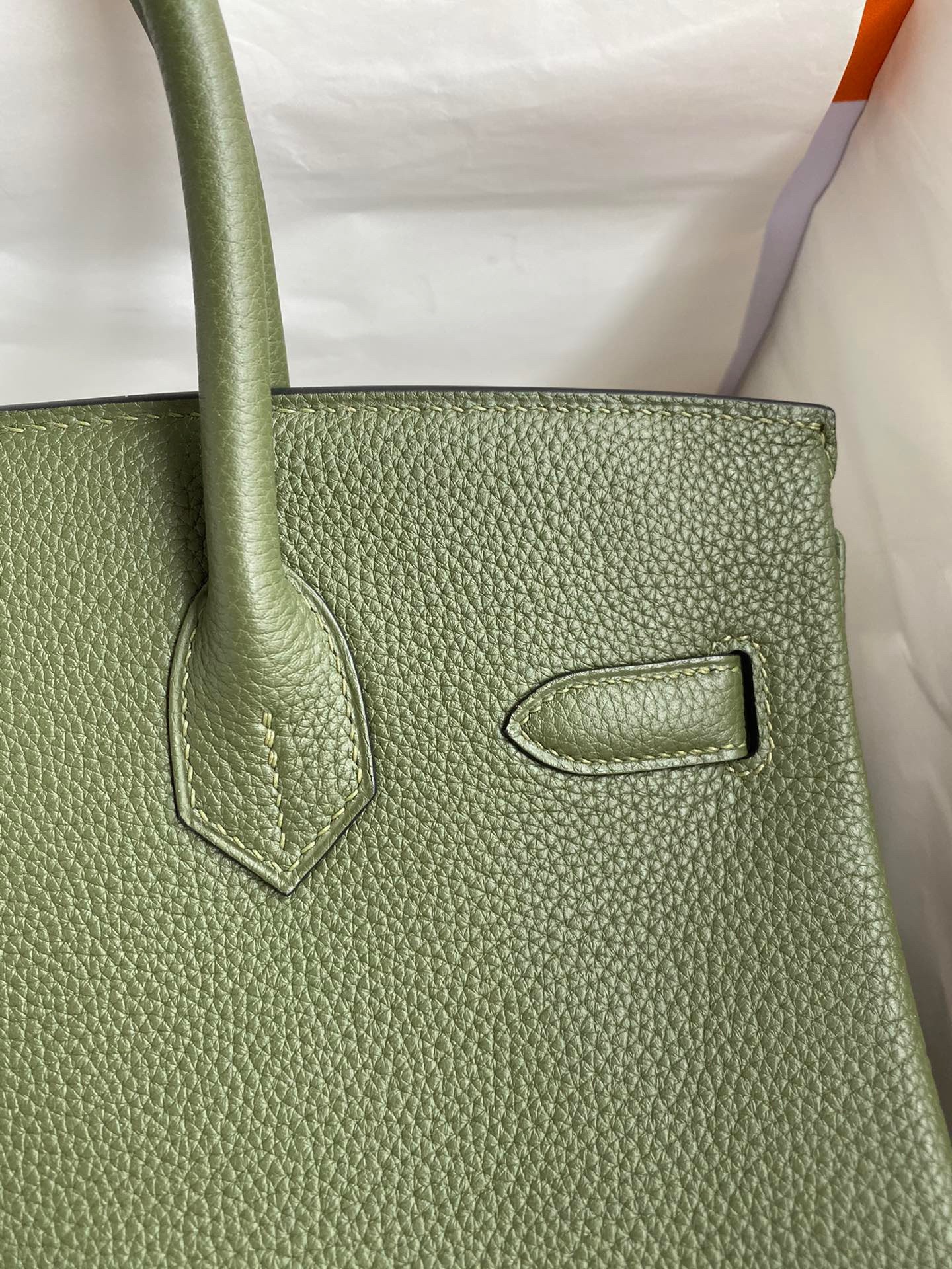H**mes birkin 30 retourne handmade bag in green clemence leather