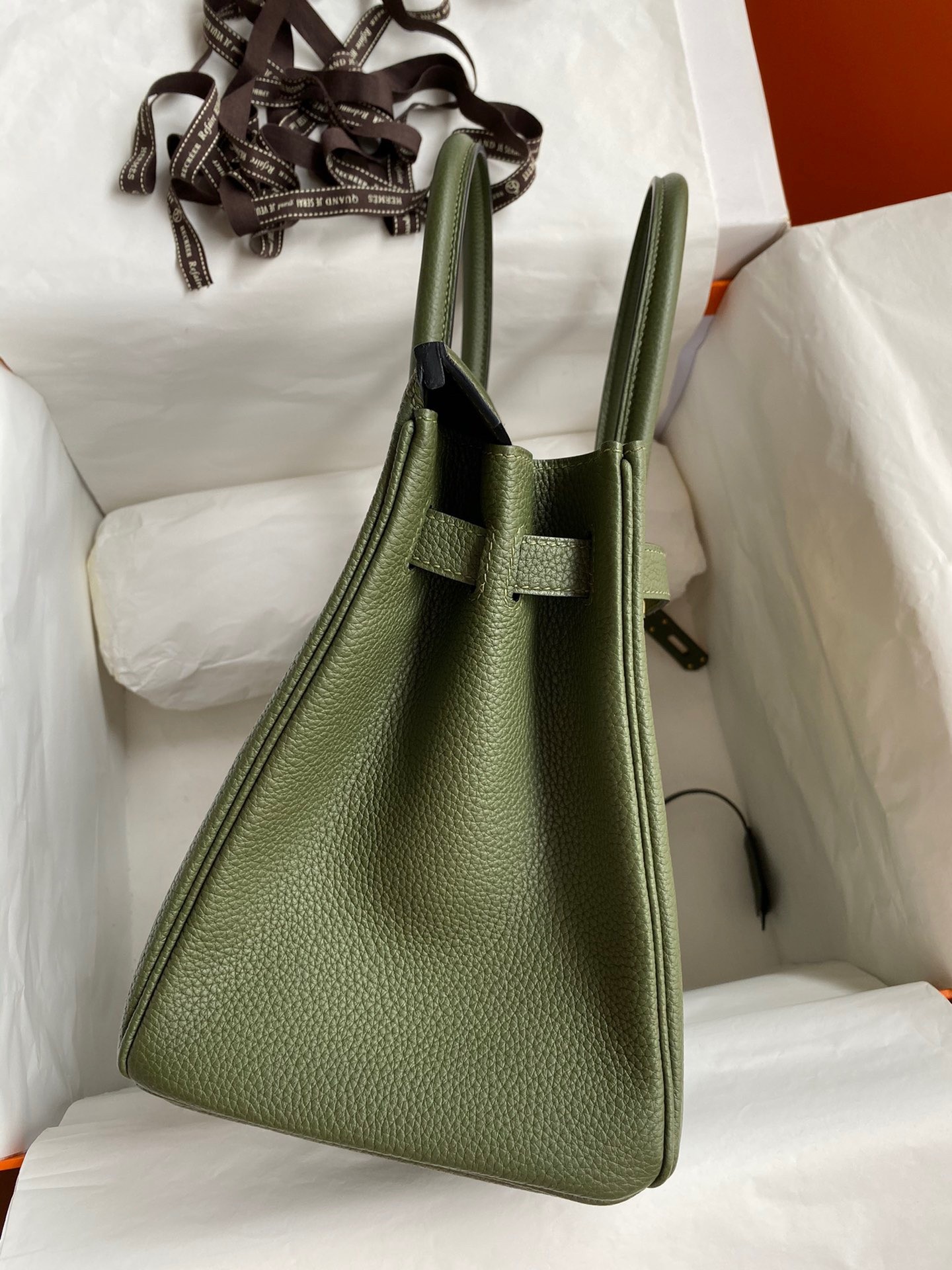 H**mes birkin 30 retourne handmade bag in green clemence leather