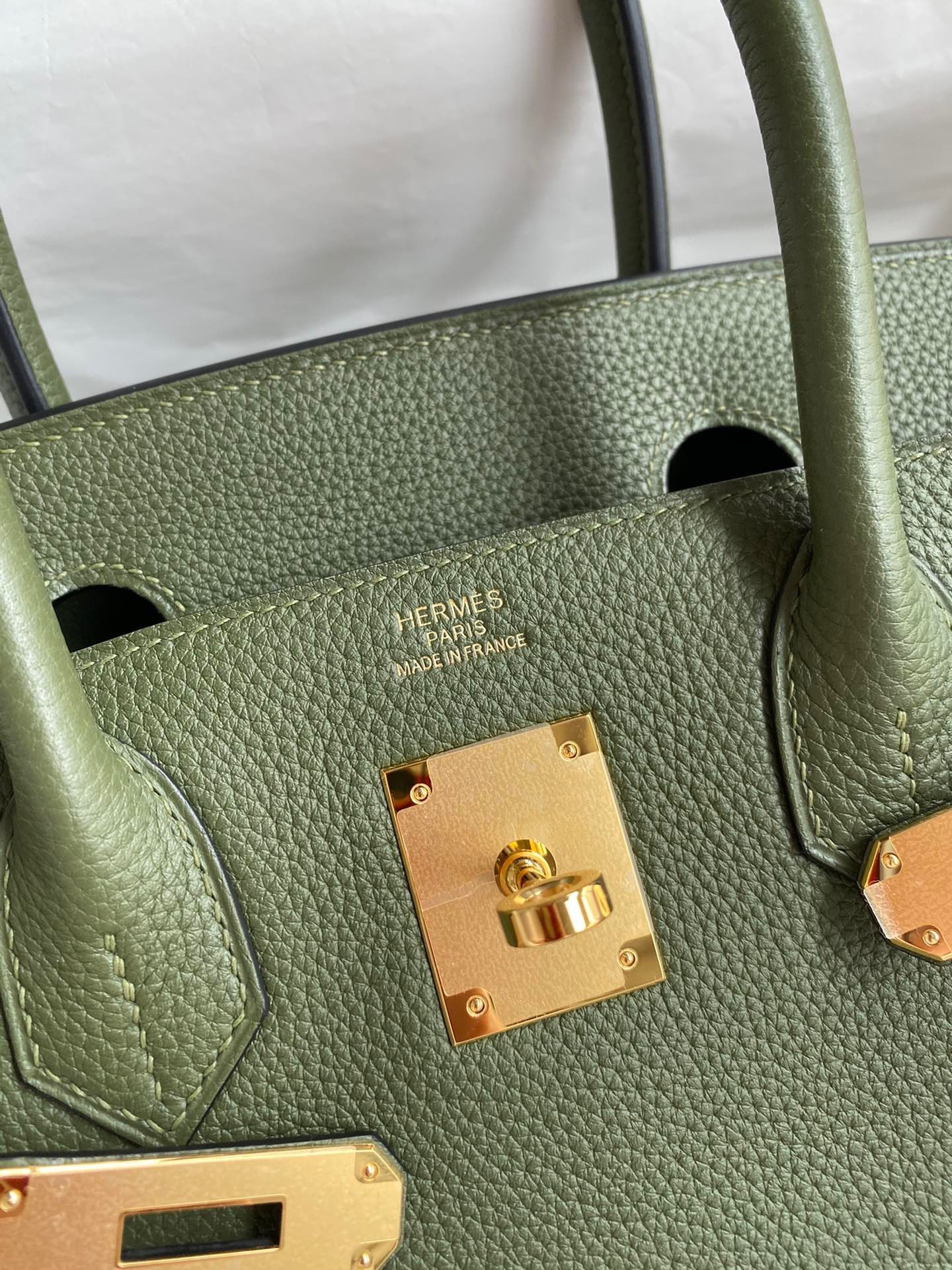 H**mes birkin 30 retourne handmade bag in green clemence leather