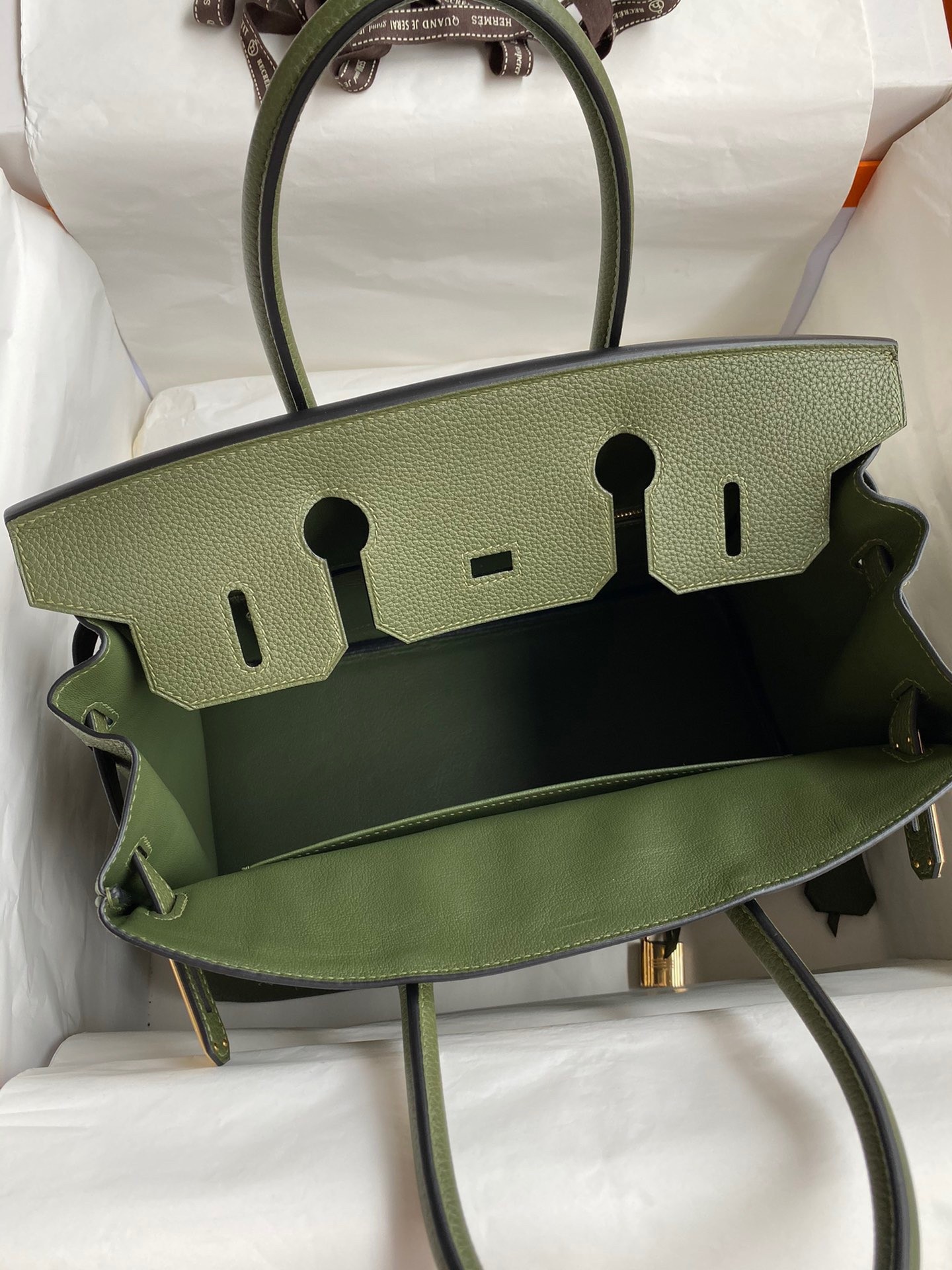 H**mes birkin 30 retourne handmade bag in green clemence leather
