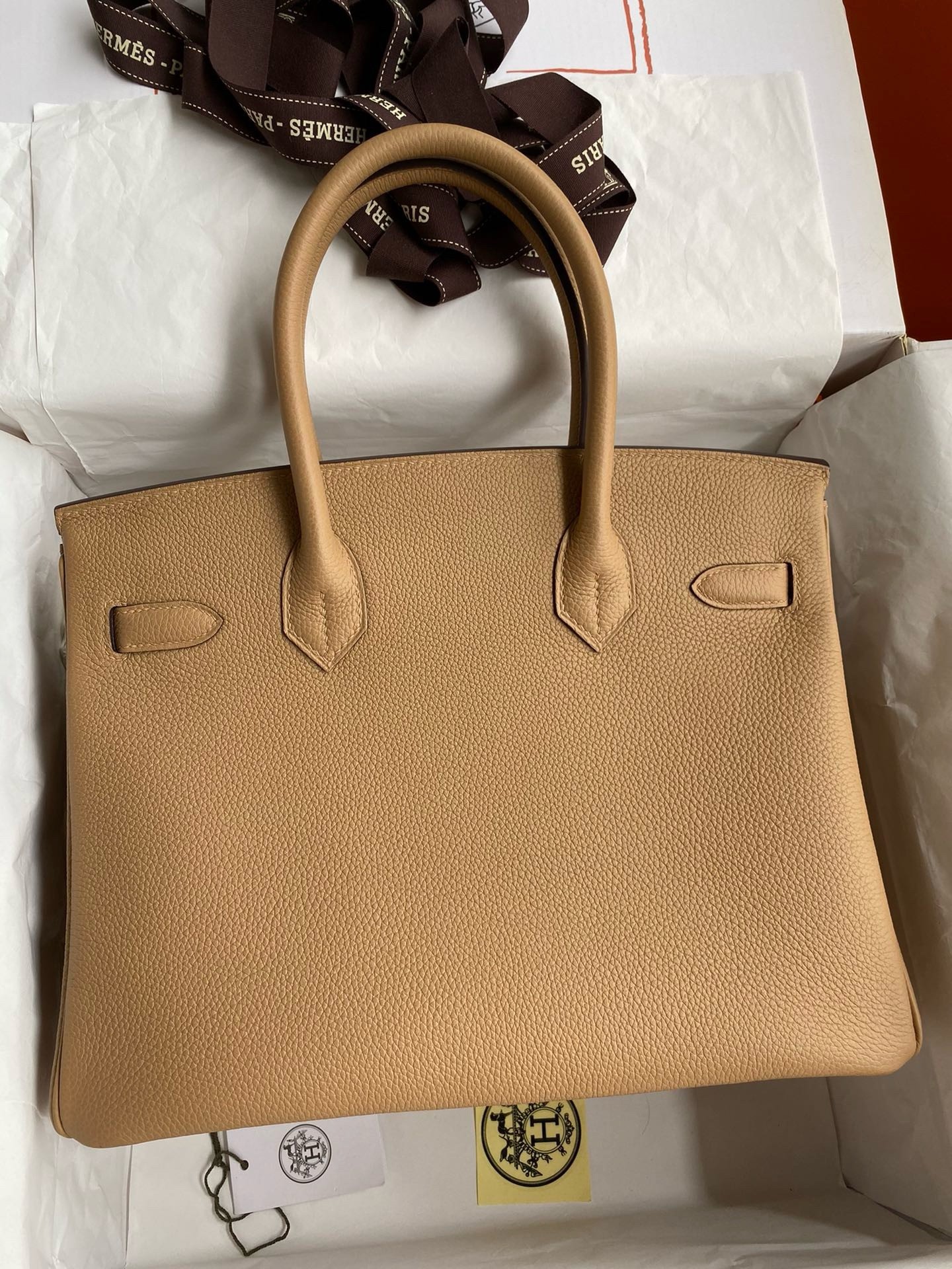 H**mes birkin 30 retourne handmade bag in chai clemence leather