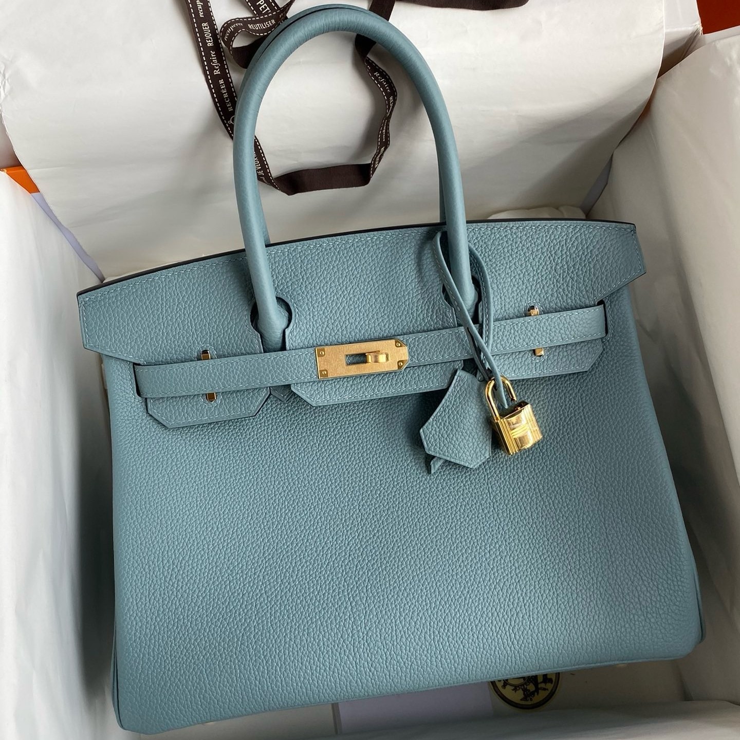 H**mes birkin 30 retourne handmade bag in ciel clemence leather