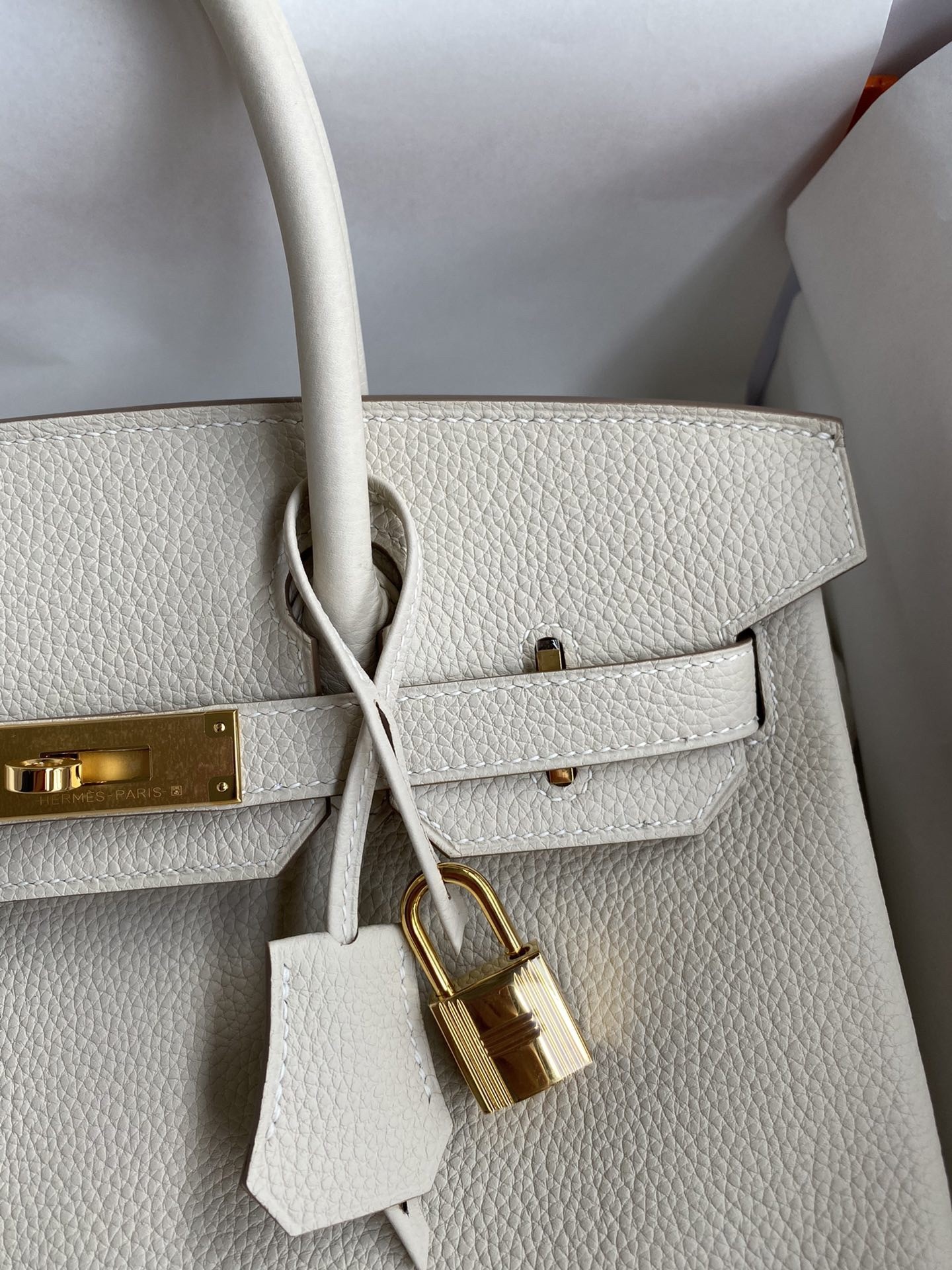 H**mes birkin 30 retourne handmade bag in craie clemence leather