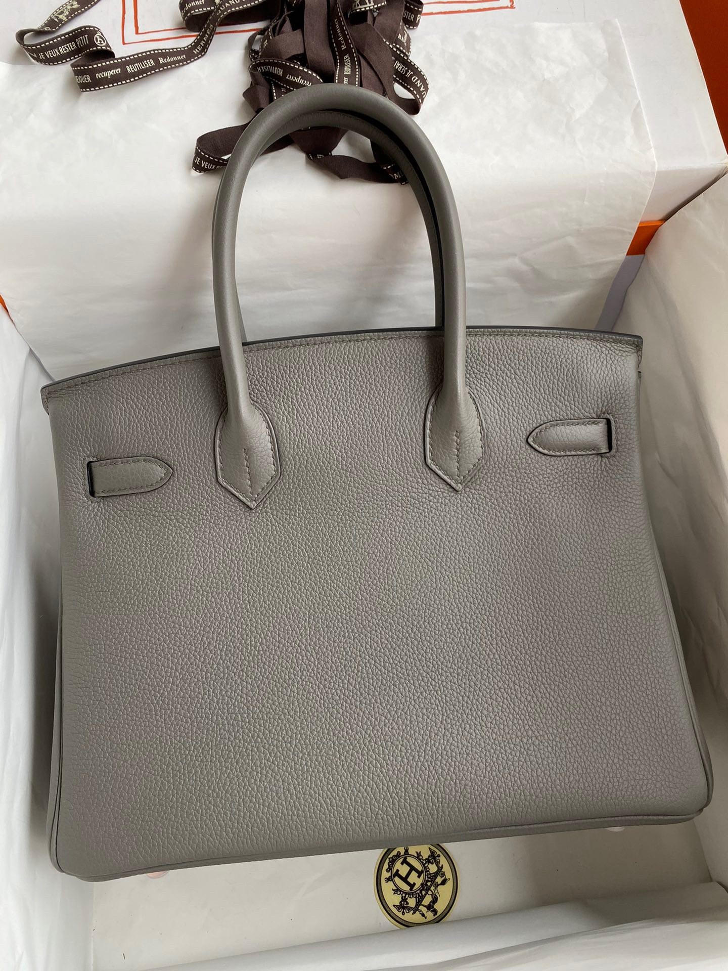 H**mes birkin 30 retourne handmade bag in gris meyer clemence leather