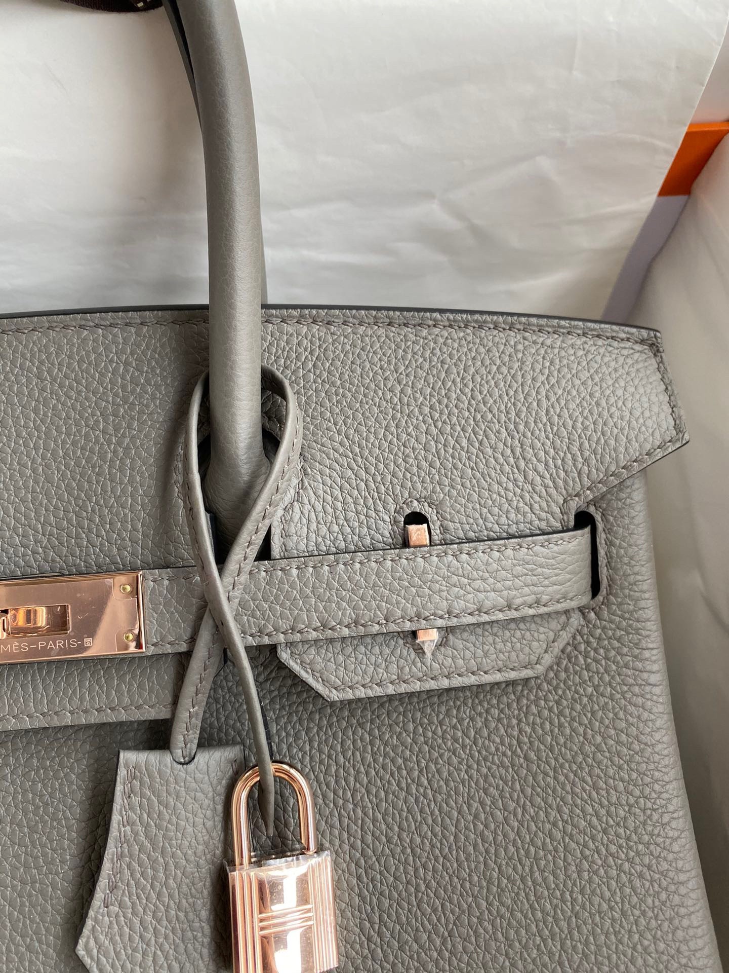 H**mes birkin 30 retourne handmade bag in gris meyer clemence leather