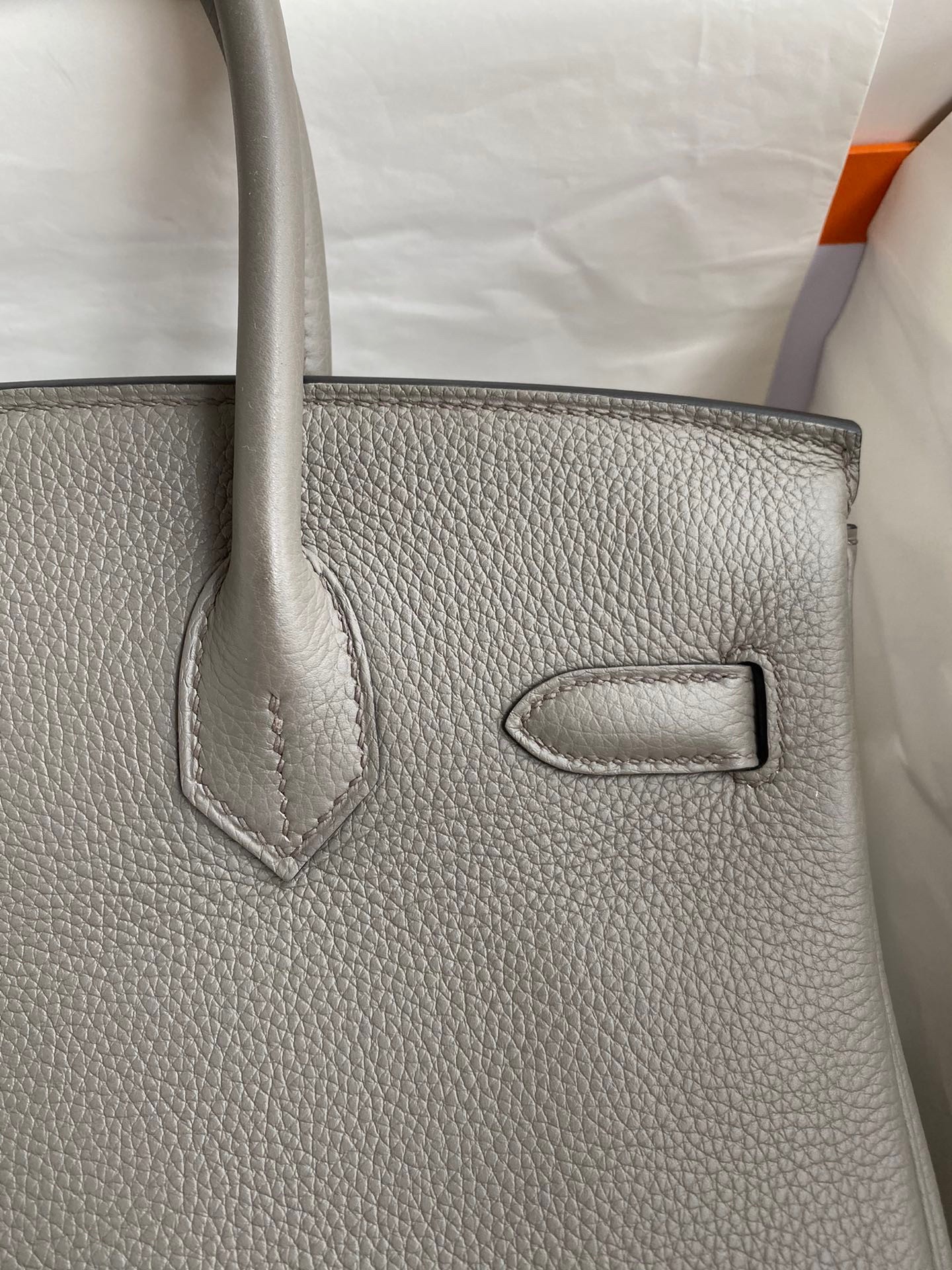 H**mes birkin 30 retourne handmade bag in gris meyer clemence leather