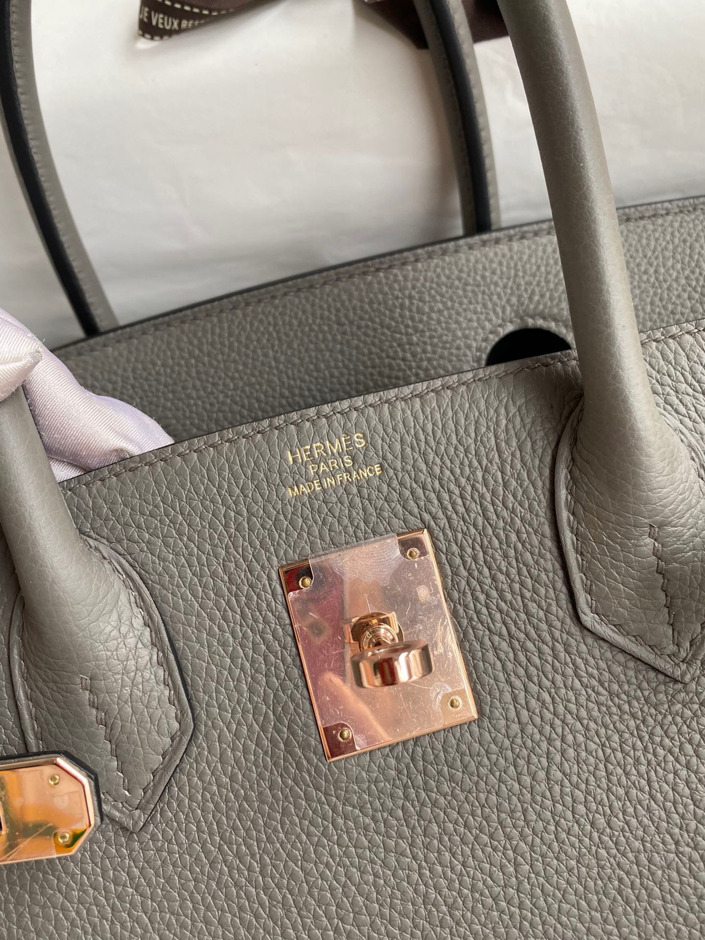 H**mes birkin 30 retourne handmade bag in gris meyer clemence leather