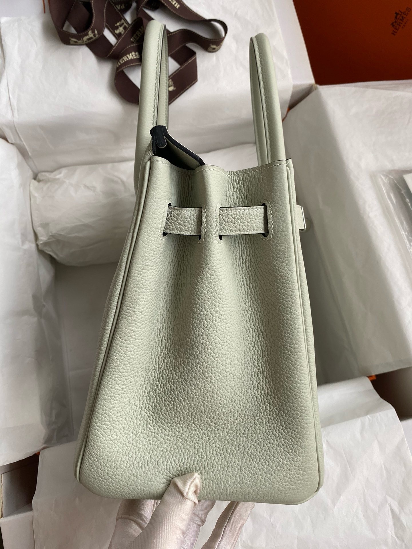 H**mes birkin 30 retourne handmade bag in gris neve clemence leather