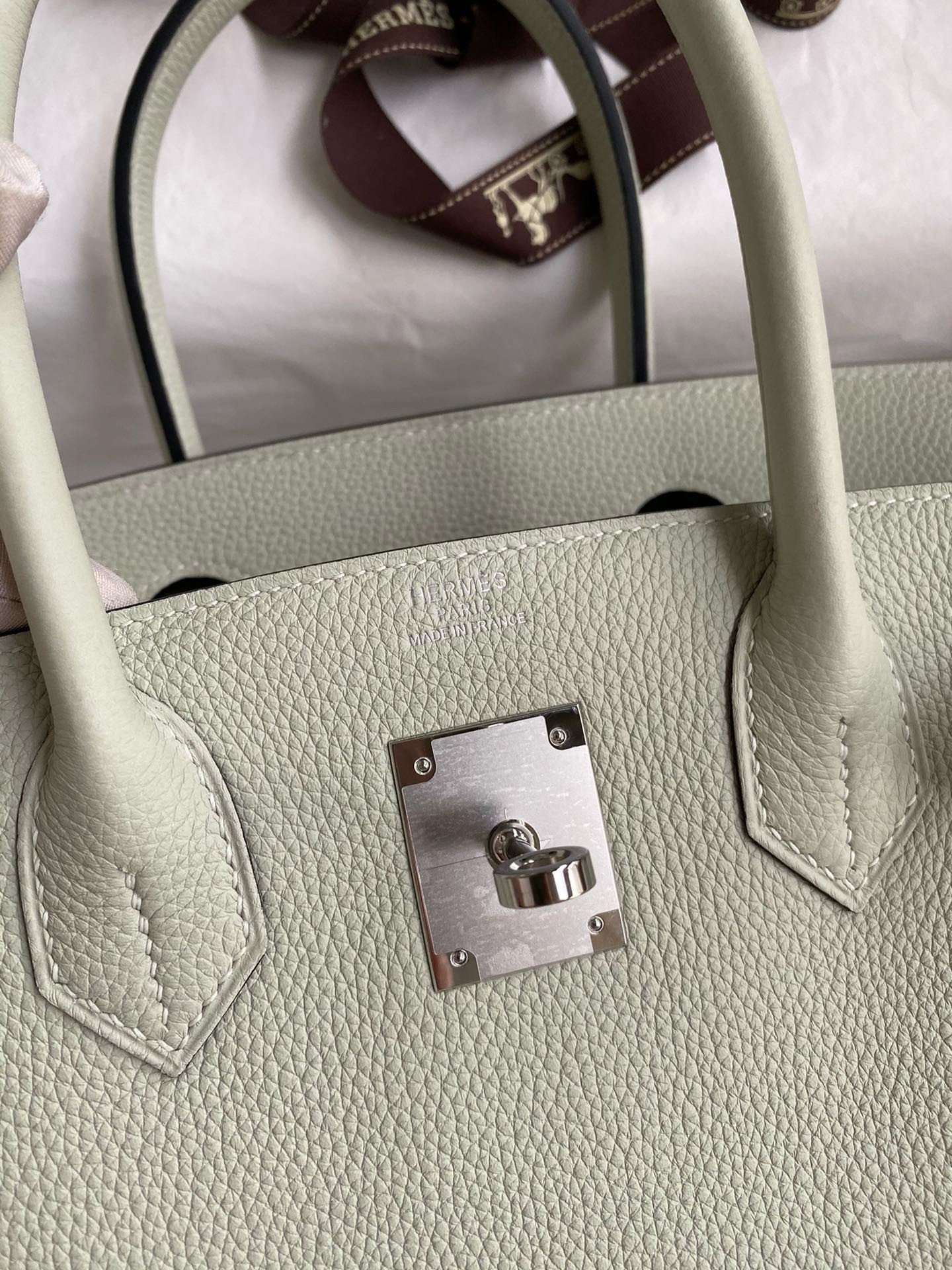 H**mes birkin 30 retourne handmade bag in gris neve clemence leather